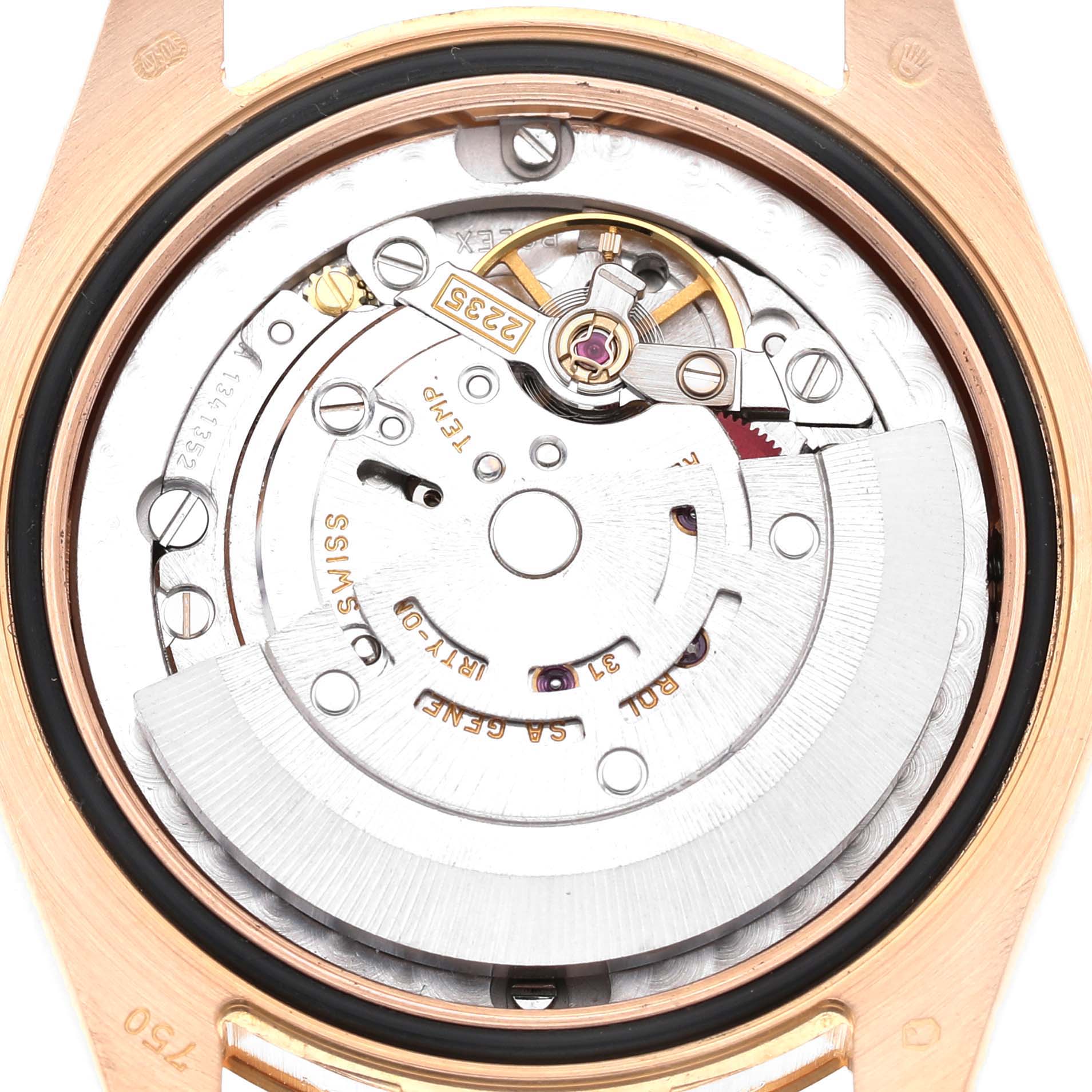 The image shows the movement inside a Rolex President 178275 Women's Rose Gold Black Dial model, viewed from the back, highlighting gears and the rotor.