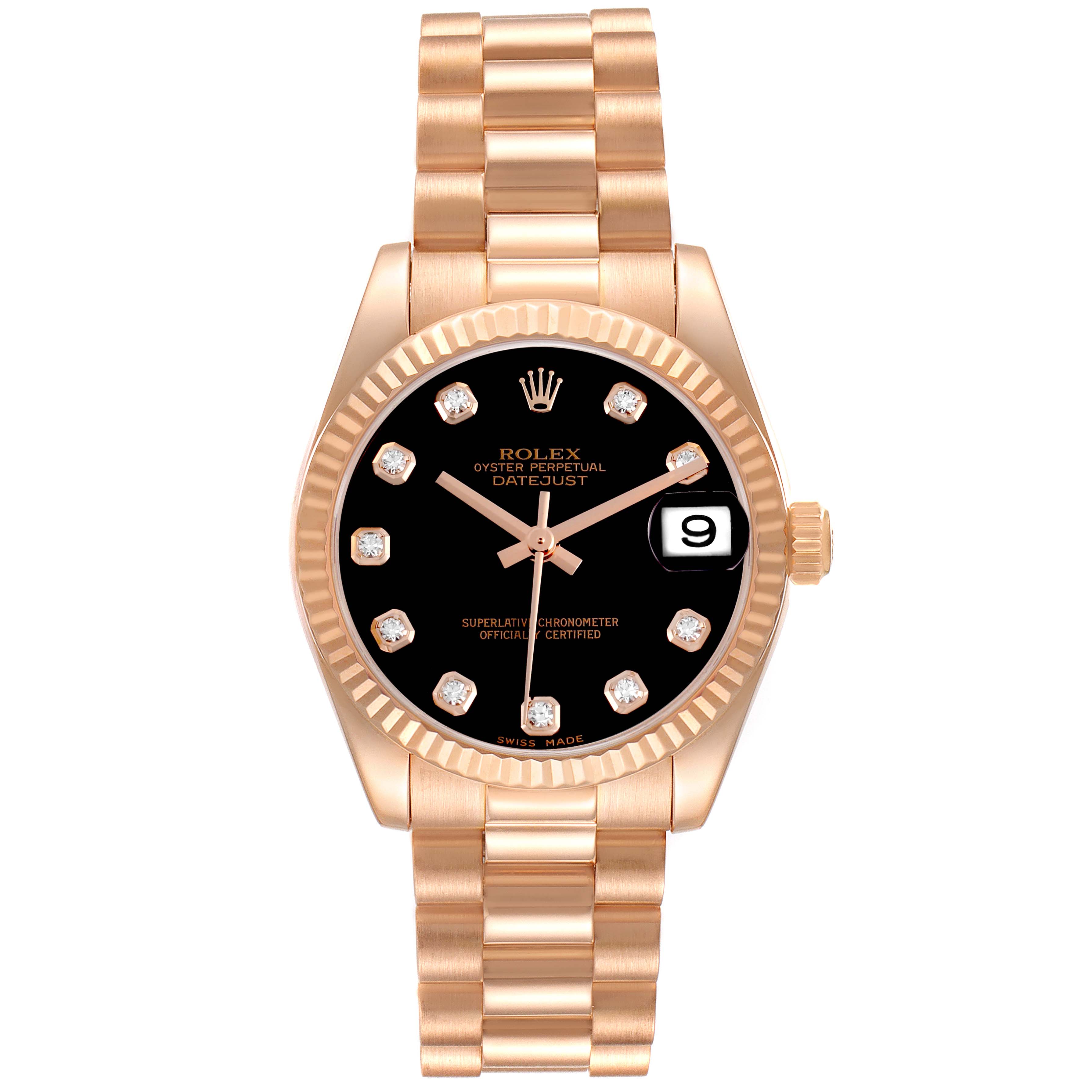 The Rolex President 178275 Women's Rose Gold Black Dial model is shown from a top-down angle, displaying the full watch face, bracelet, and crown.