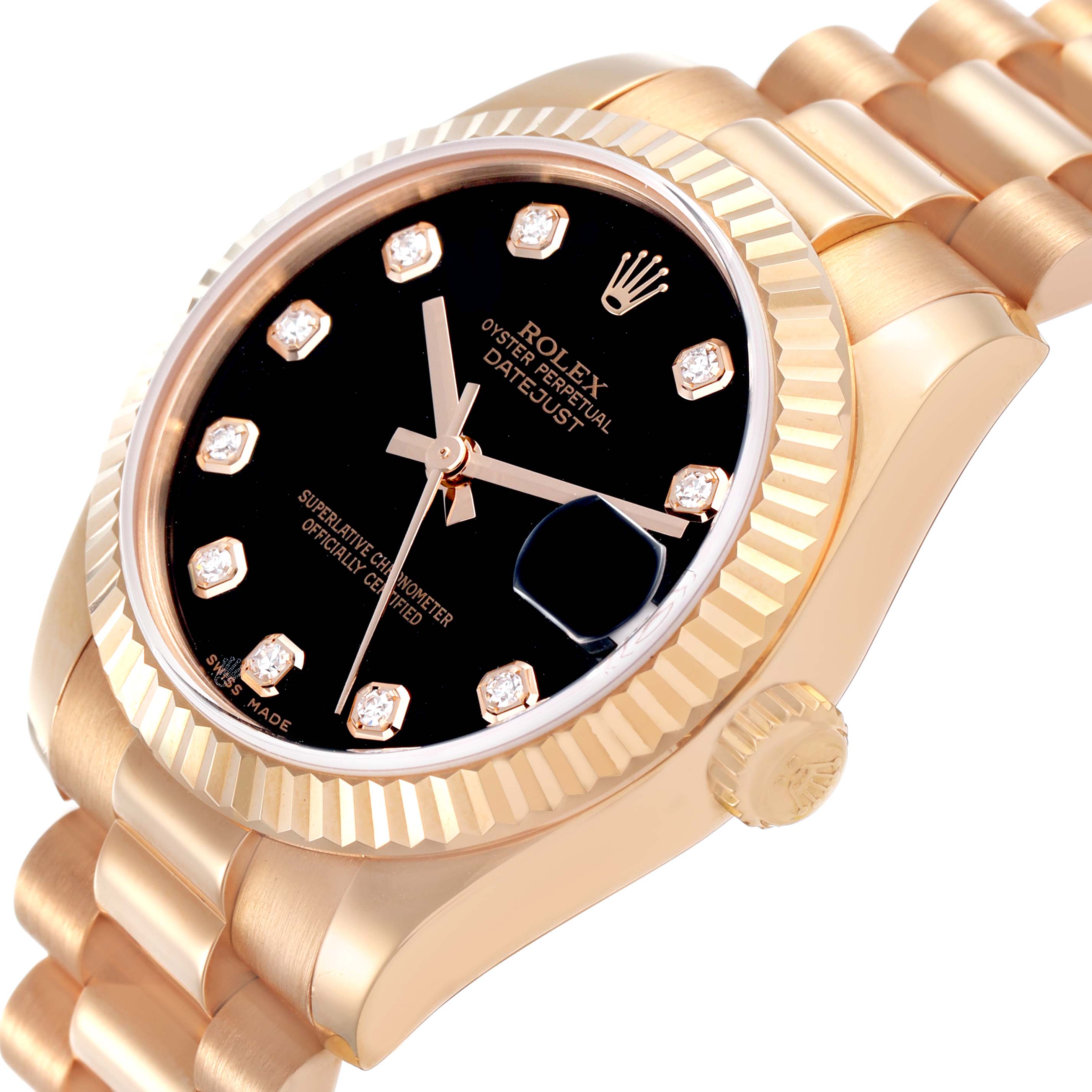 The Rolex President 178275 Women's Rose Gold Black Dial model is shown from a side angle highlighting the black dial, fluted bezel, crown, and linked bracelet.