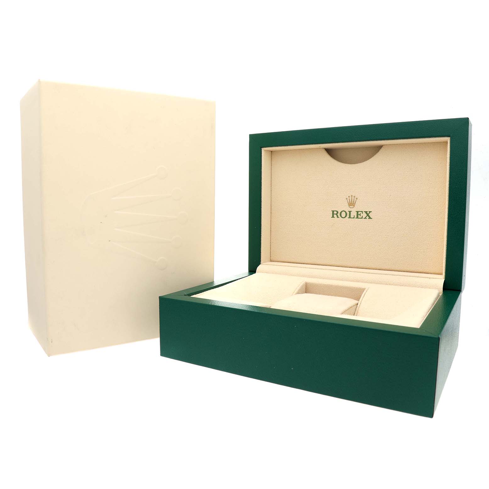 The image shows an open Rolex President 178275 Women's Rose Gold Black Dial model watch box with green exterior and beige interior.