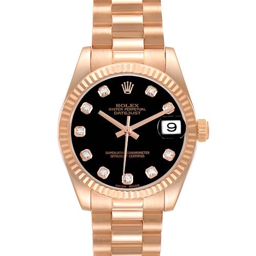 The Rolex President 178275 Women's Rose Gold Black Dial model is shown from the front, highlighting the black dial, diamond hour markers, and date feature.