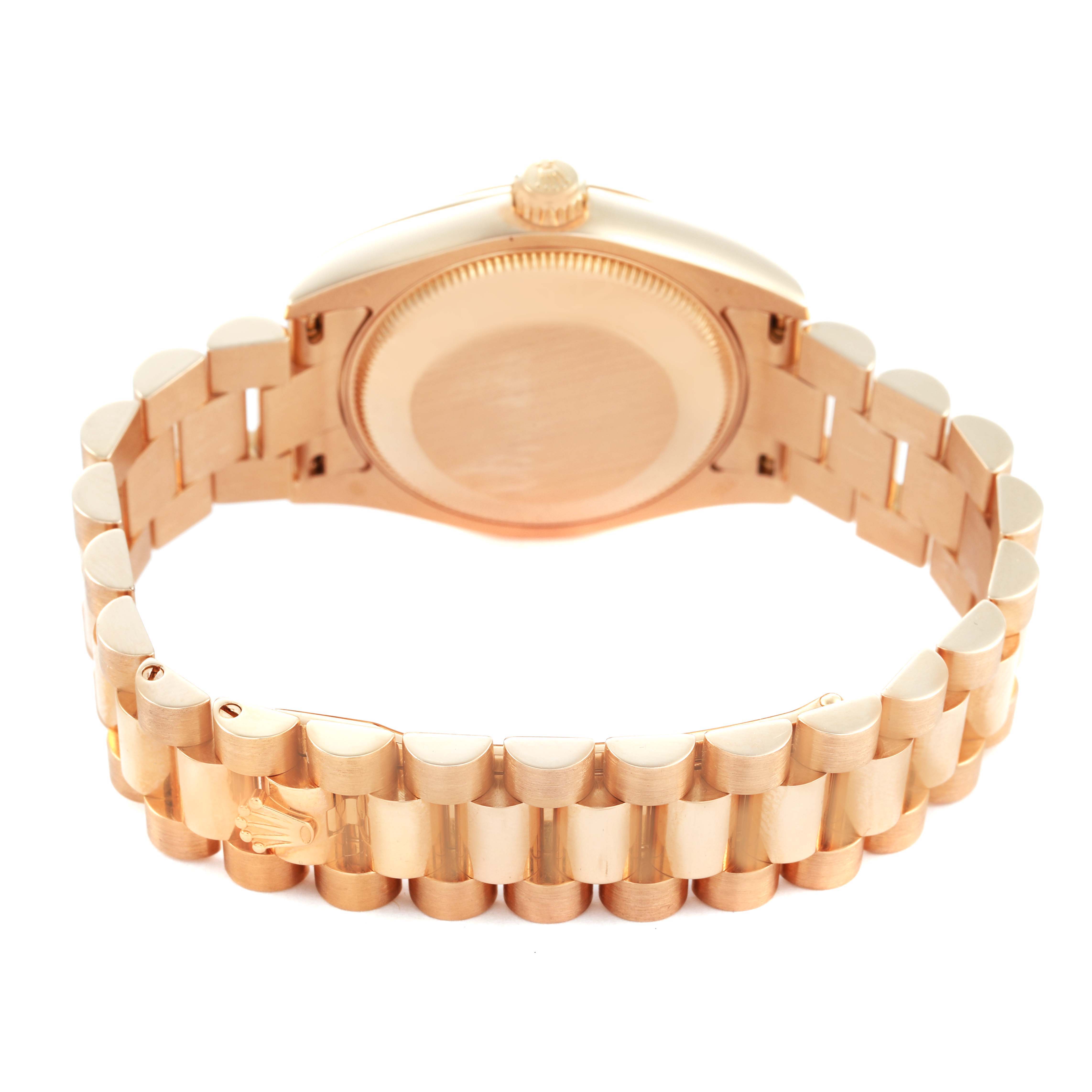 The image shows the back and bracelet of a Rolex President 178275 Women's Rose Gold Black Dial model watch from a rear angle.