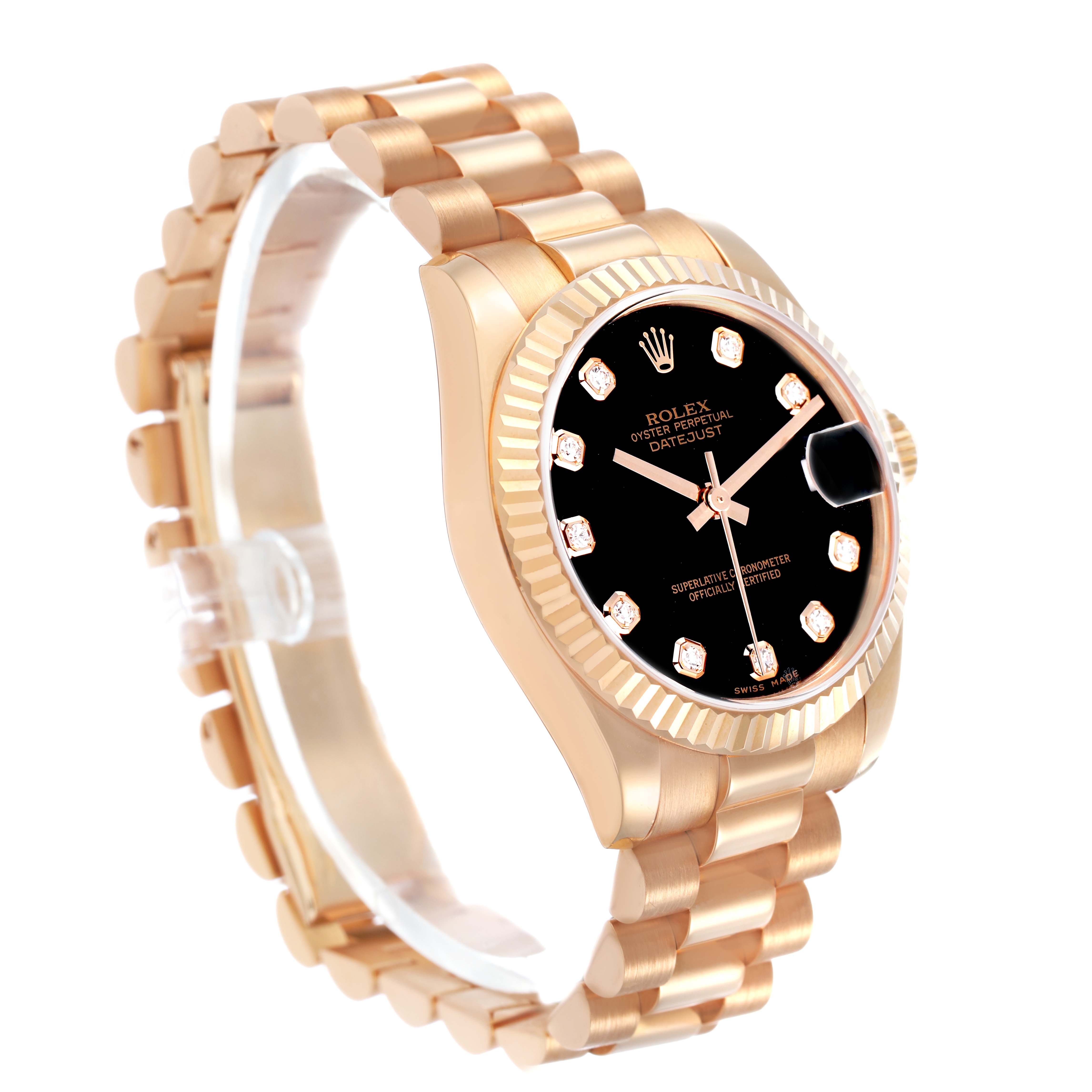 The Rolex President 178275 Women's Rose Gold Black Dial model is shown at a three-quarter angle highlighting the bracelet, bezel, and black dial with diamond markers.