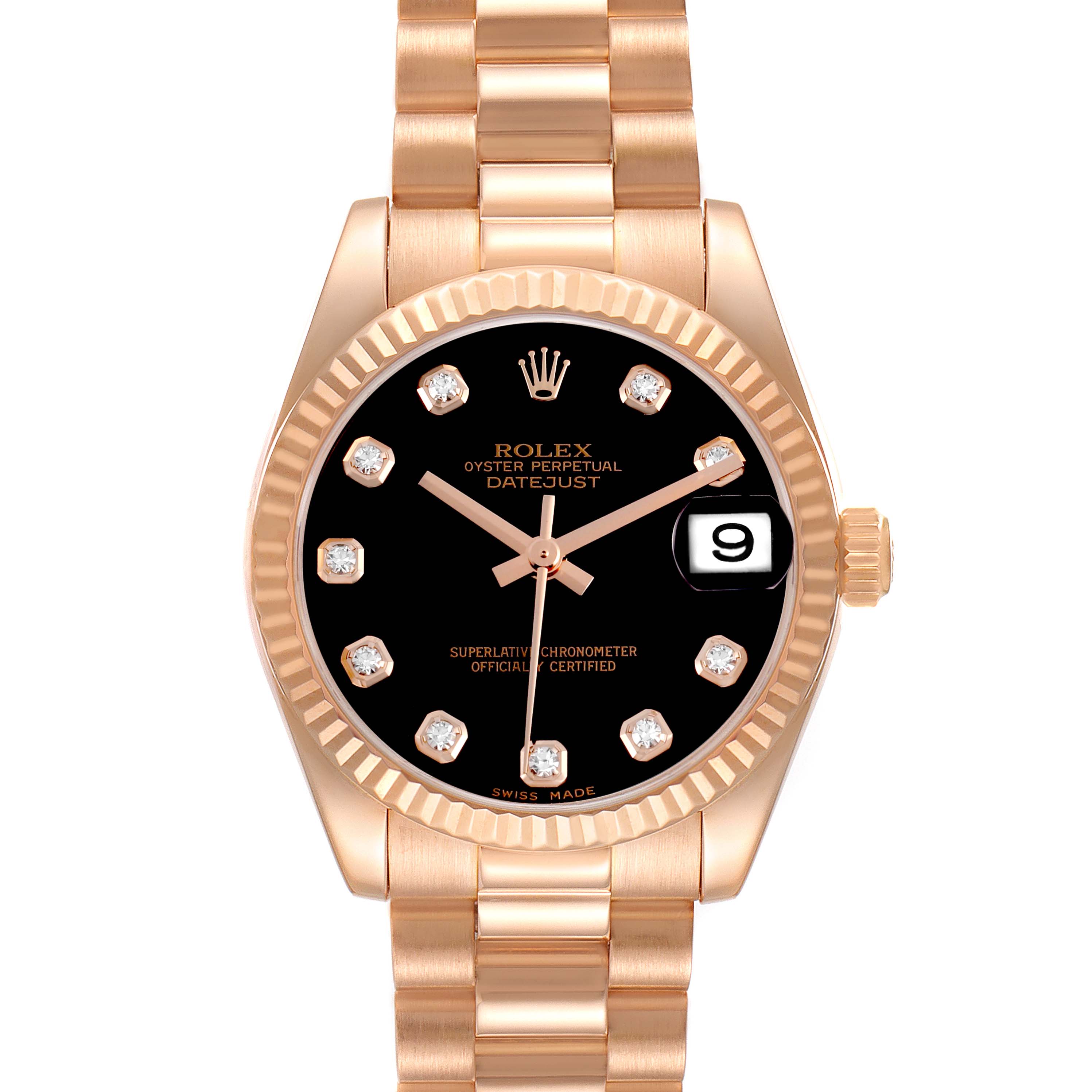 The Rolex President 178275 Women's Rose Gold Black Dial model is shown from the front, highlighting the black dial, gold case, and bracelet.