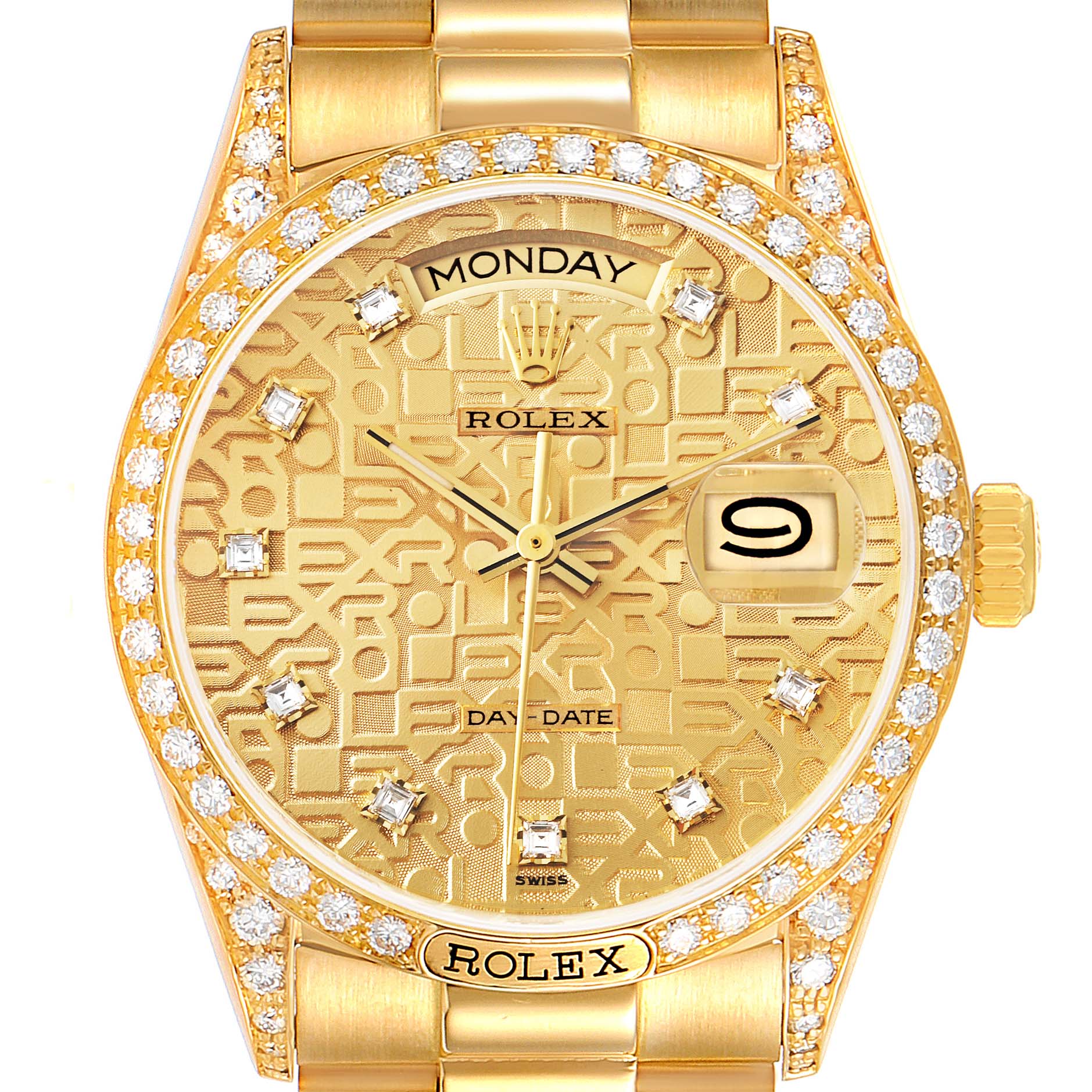 The image shows a front view of a Rolex President 18138 Men
s Yellow Gold Champagne Dial 18138 Men
s Yellow Gold Champagne Dial model watch, highlighting its gold face, diamond bezel, day-date display, and bracelet.