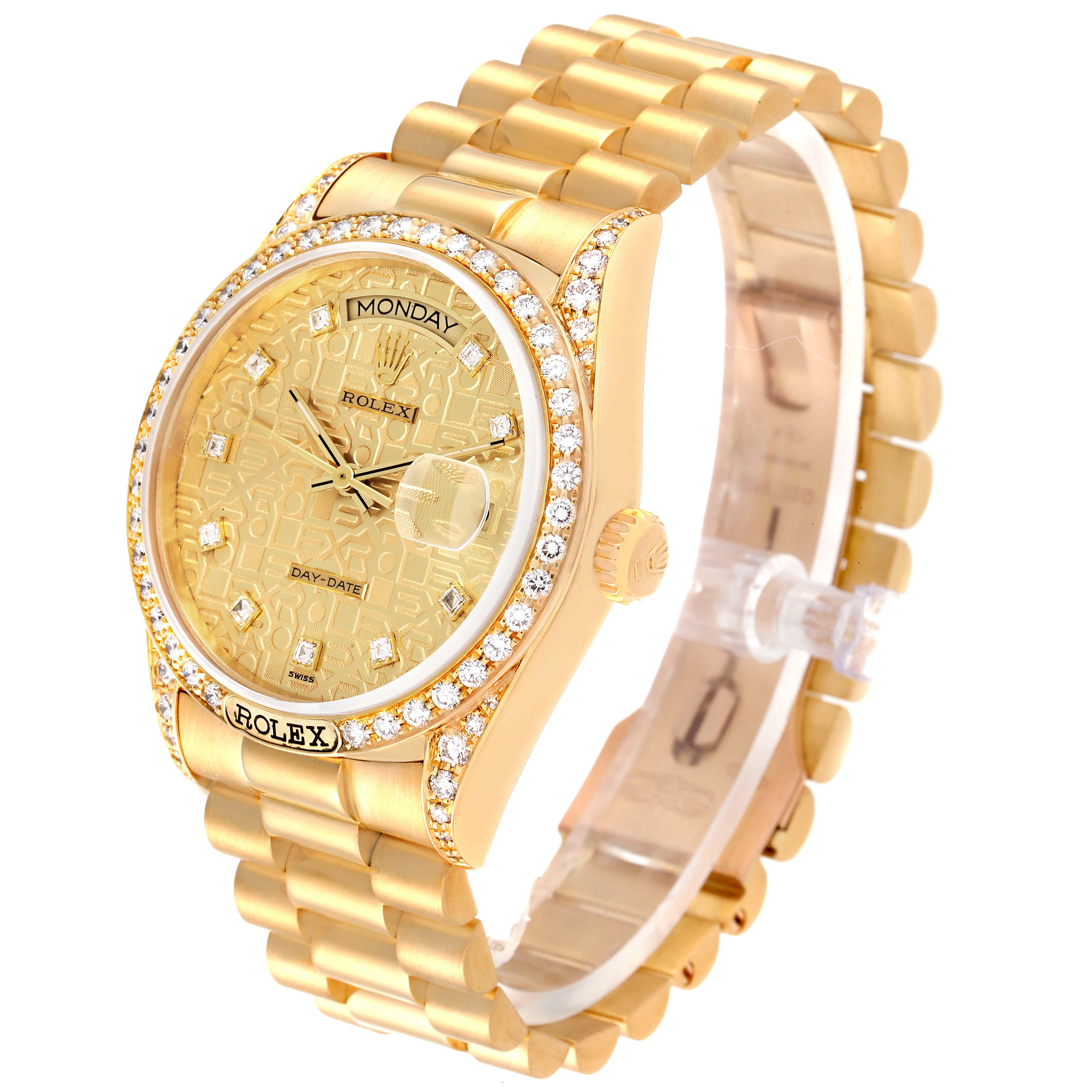 This image shows a Rolex President 18138 Men
s Yellow Gold Champagne Dial 18138 Men
s Yellow Gold Champagne Dial model watch from a left-front angle, highlighting the gold case, diamond bezel, and bracelet.