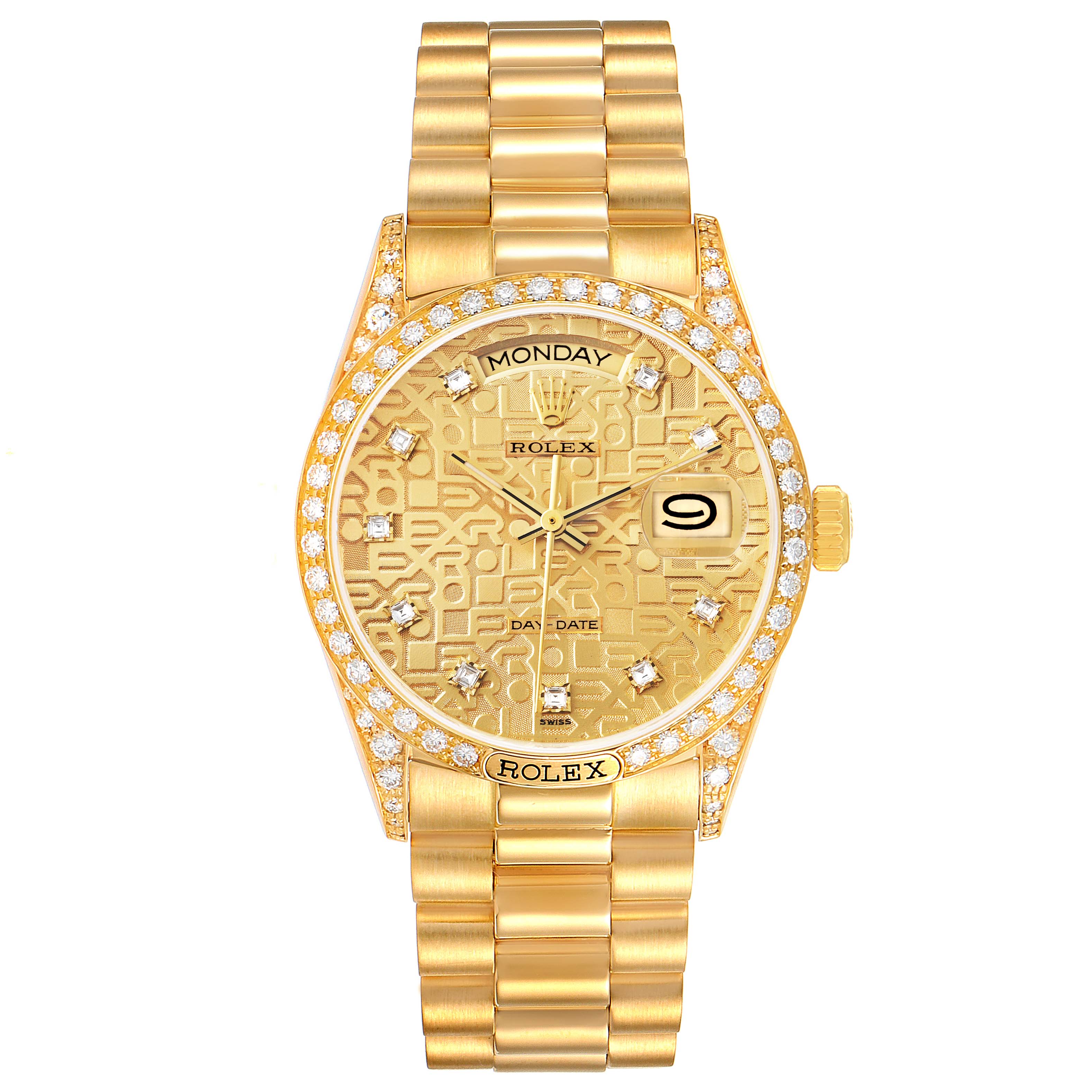 This is a Rolex President 18138 Men
s Yellow Gold Champagne Dial 18138 Men
s Yellow Gold Champagne Dial model watch shown from the front, displaying its face, dial, and bracelet.