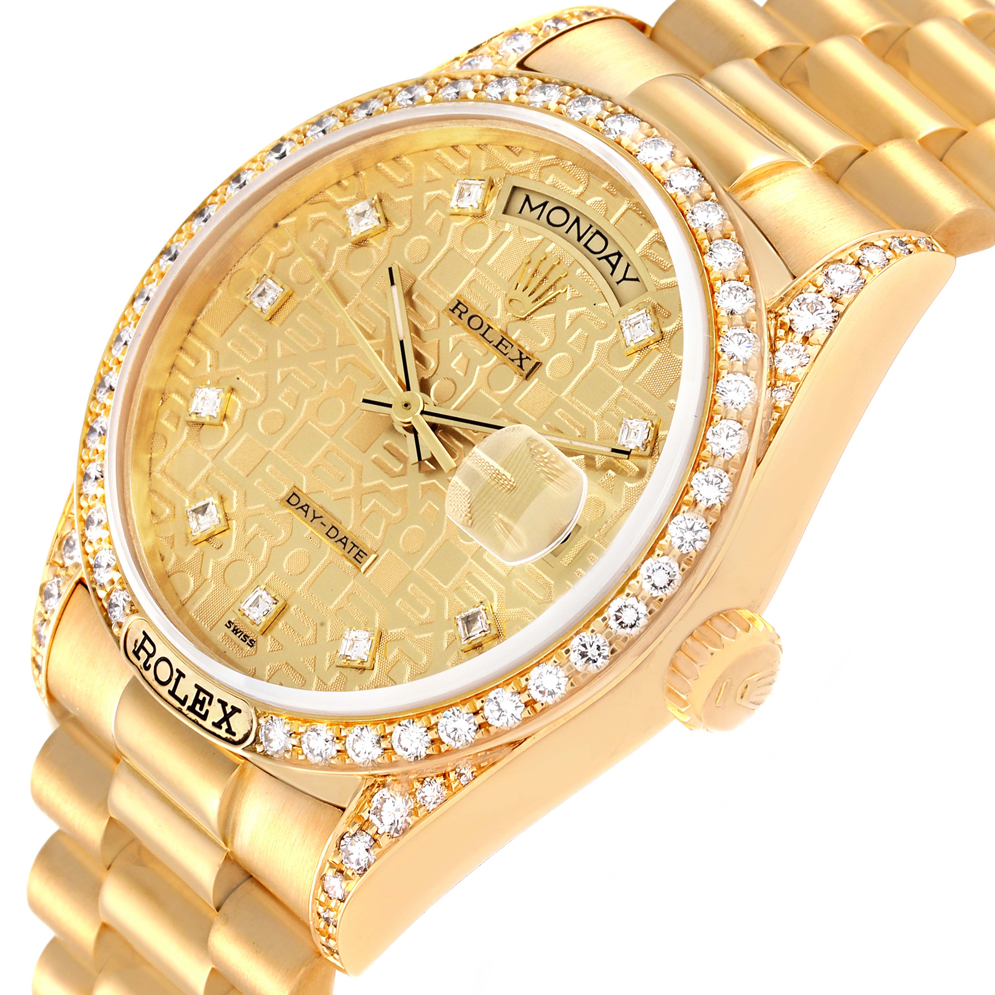 The image features a close-up, angled view of the Rolex President 18138 Men
s Yellow Gold Champagne Dial 18138 Men
s Yellow Gold Champagne Dial model watch, showcasing its gold dial, diamond bezel, and bracelet.