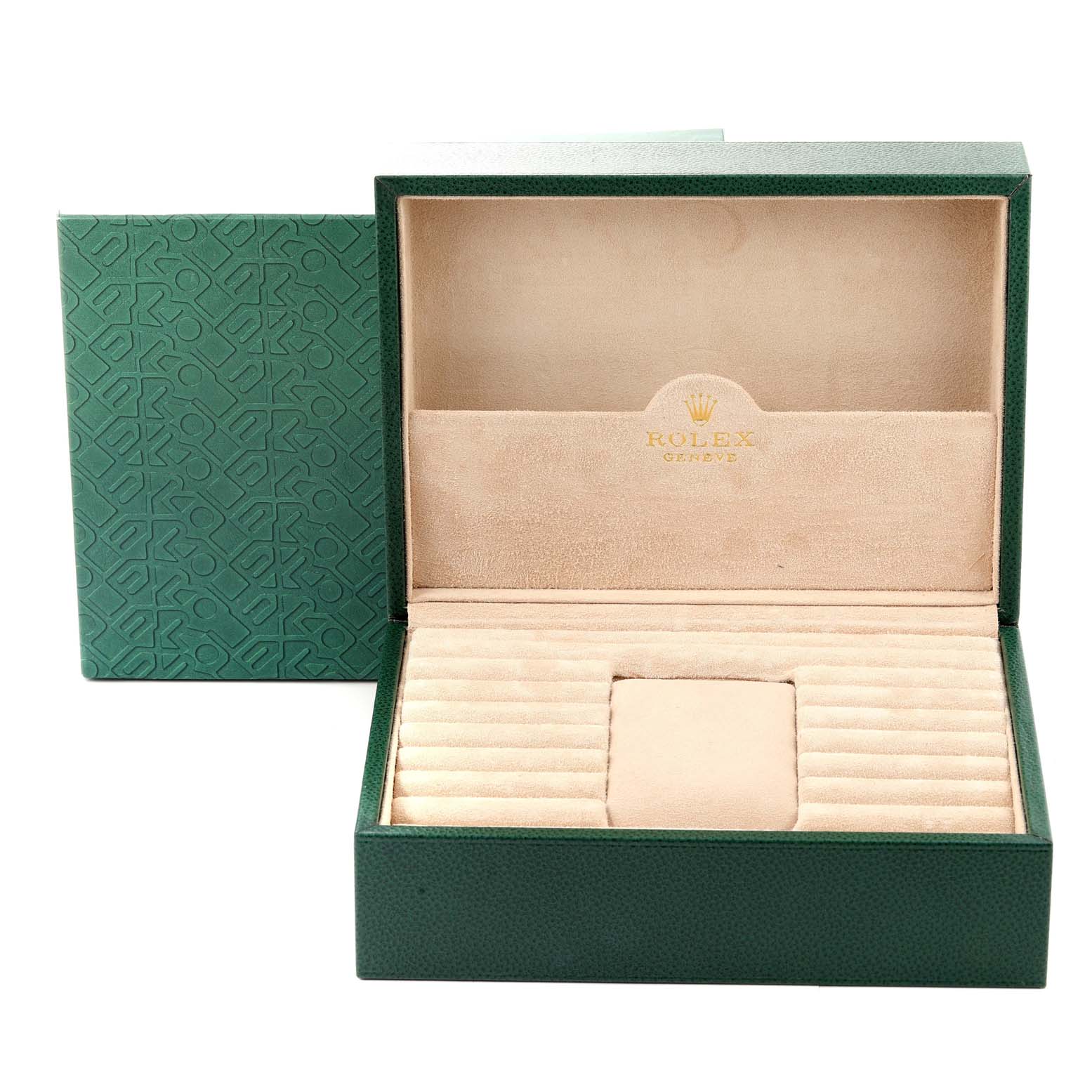 This image shows the open presentation box for the Rolex President 18138 Men
s Yellow Gold Champagne Dial 18138 Men
s Yellow Gold Champagne Dial model, with an empty beige interior and green exterior.