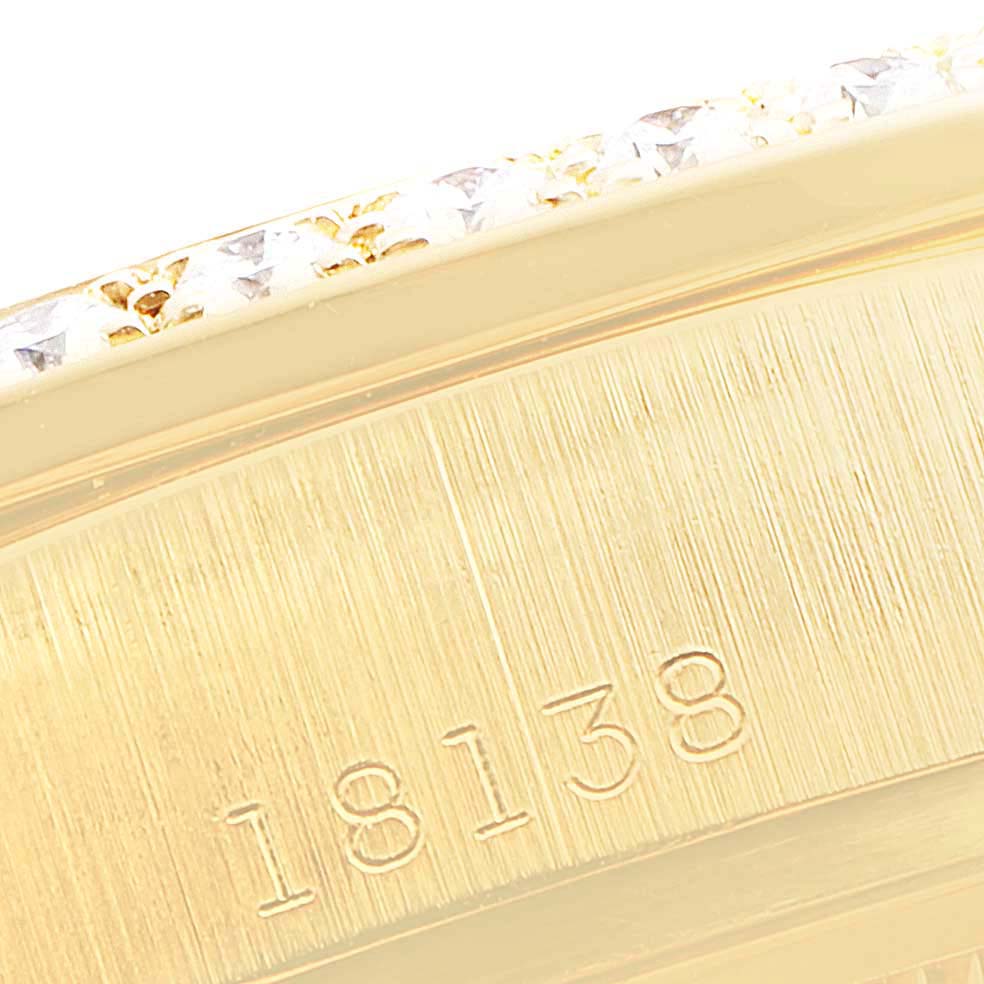 This close-up image shows the model number engraved on the bezel edge of a Rolex President 18138 Men
s Yellow Gold Champagne Dial 18138 Men
s Yellow Gold Champagne Dial watch.