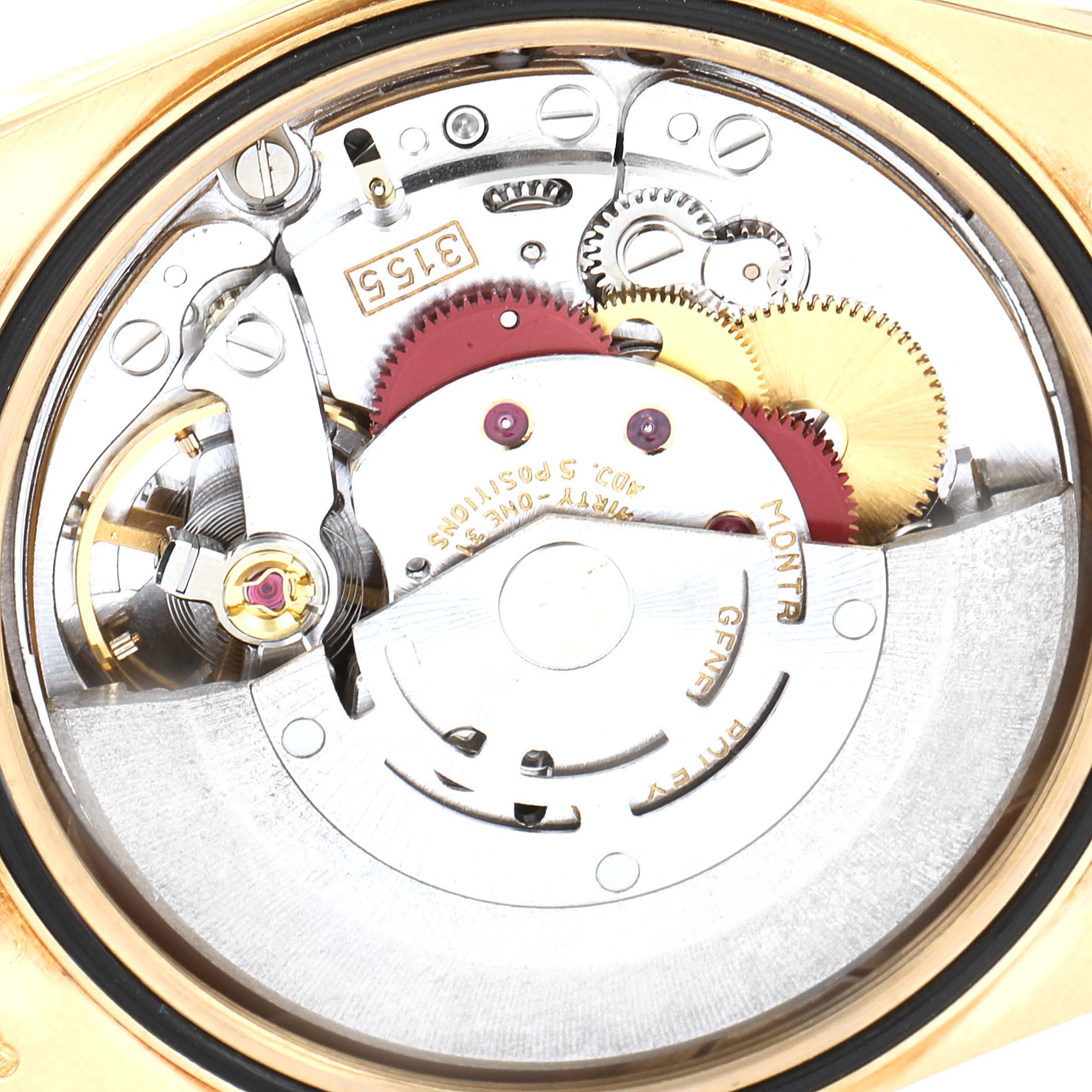 This image shows the internal mechanism and gears of a Rolex President 18238 Men
s Yellow Gold Champagne Dial 18238 Men
s Yellow Gold Champagne Dial model watch.