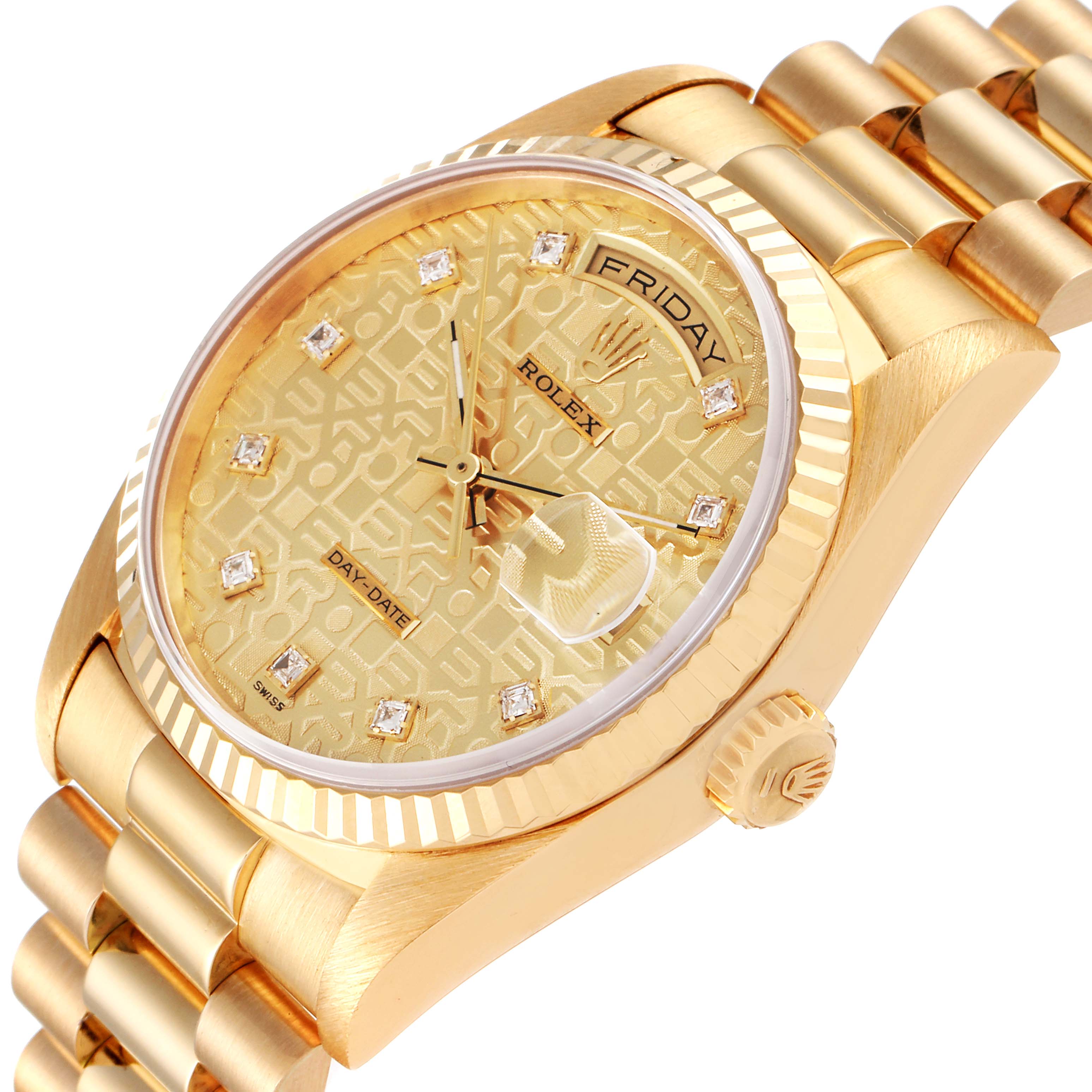 The image shows a close-up angle of a Rolex President 18238 Men
s Yellow Gold Champagne Dial 18238 Men
s Yellow Gold Champagne Dial watch, highlighting the dial, bezel, crown, and part of the bracelet.