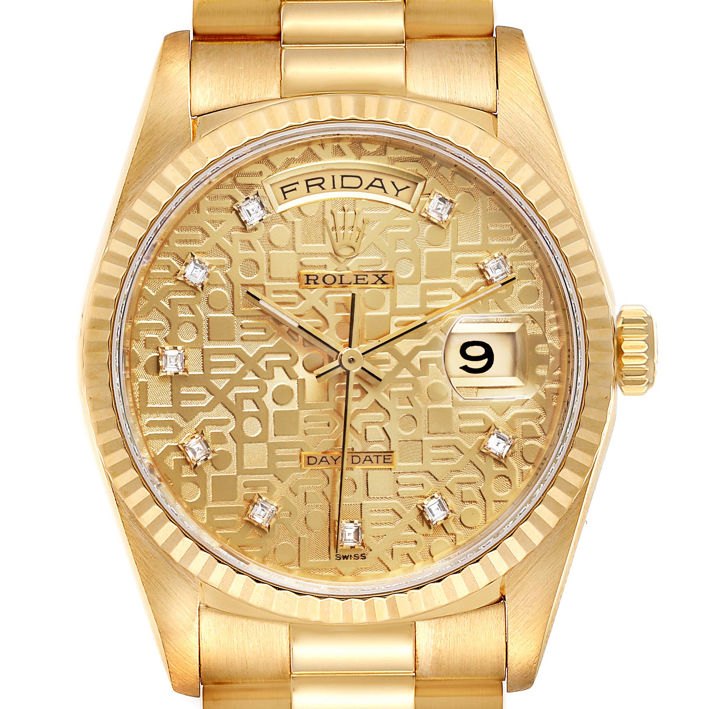 This image shows the face, bezel, and band of a Rolex President 18238 Men
s Yellow Gold Champagne Dial 18238 Men
s Yellow Gold Champagne Dial model watch, highlighting the day and date features.