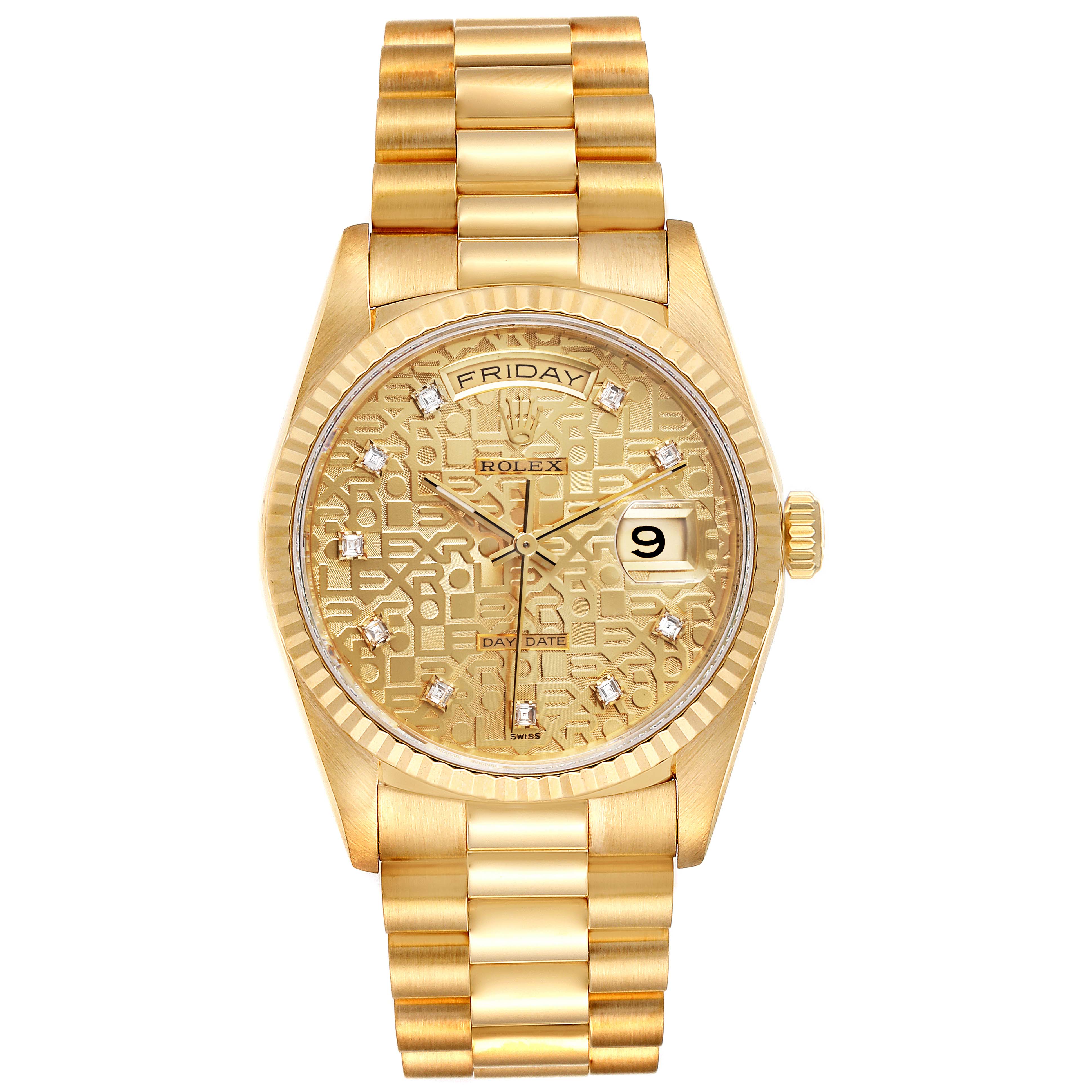 The image shows a frontal view of the Rolex President 18238 Men
s Yellow Gold Champagne Dial 18238 Men
s Yellow Gold Champagne Dial model watch, highlighting the watch face, bezel, dial, and bracelet.