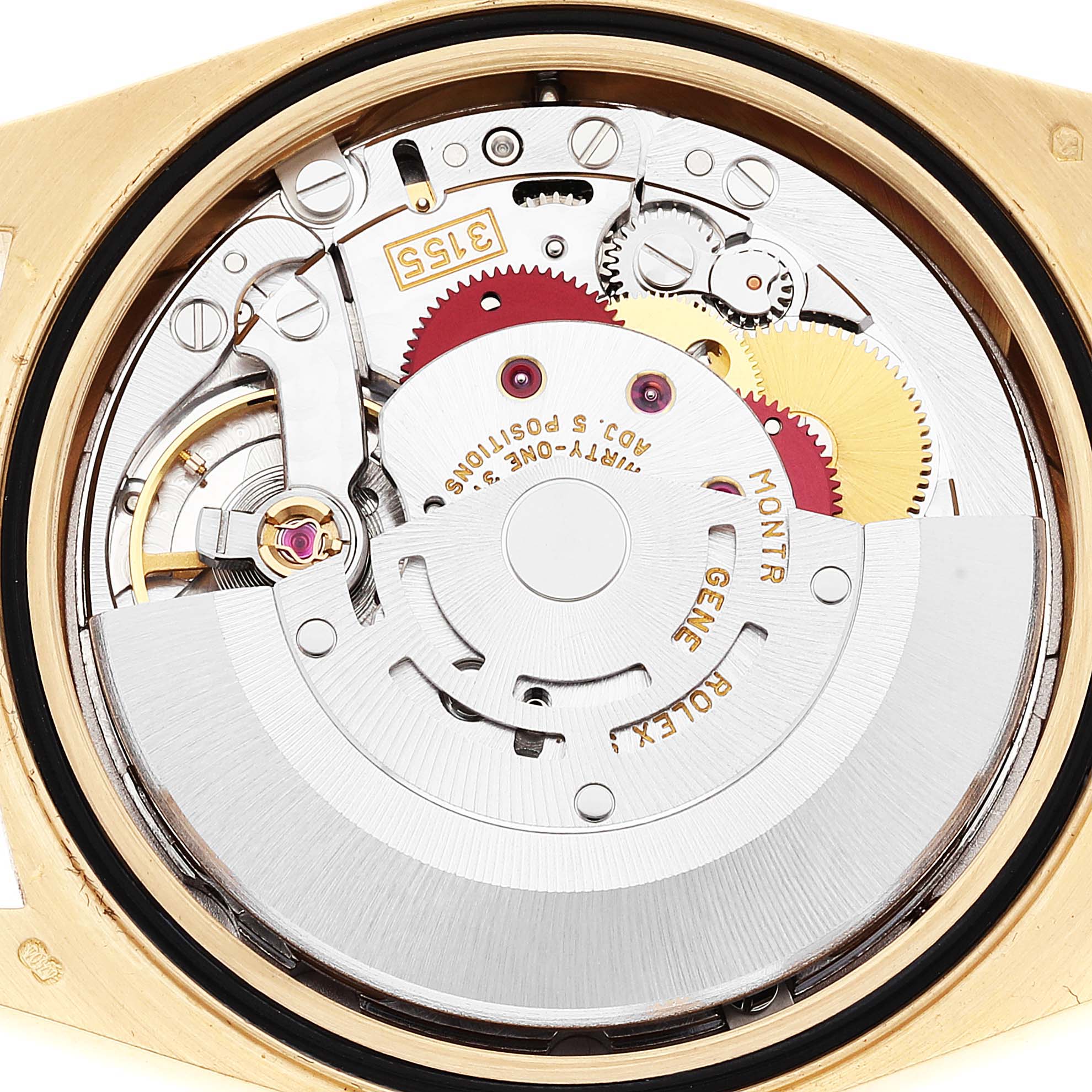 This image shows a close-up view of the internal mechanical movement of a Rolex President 18238 Men
s Yellow Gold Champagne Dial 18238 Men
s Yellow Gold Champagne Dial model watch.