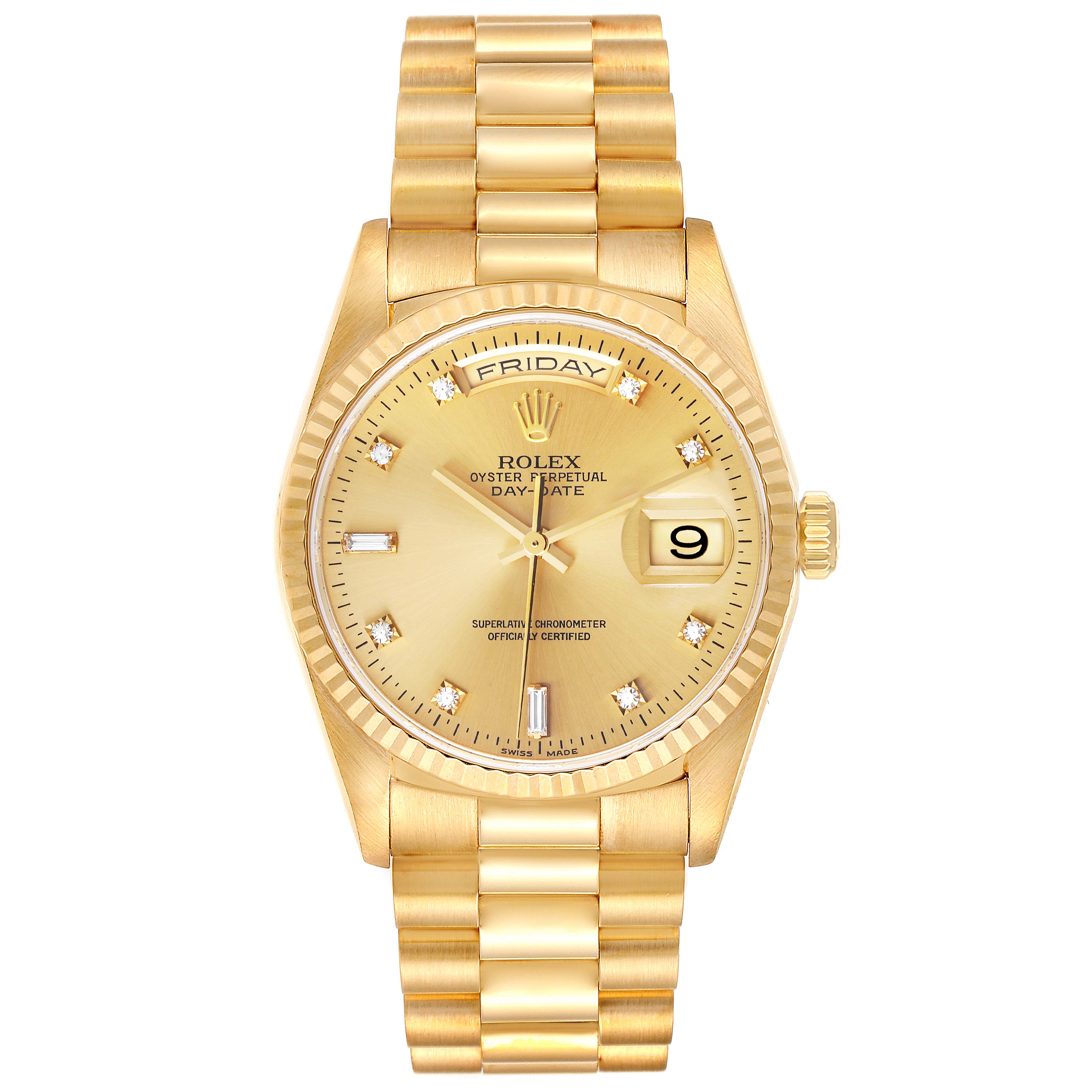 The image shows a Rolex President 18238 Men
s Yellow Gold Champagne Dial 18238 Men
s Yellow Gold Champagne Dial model watch with a full frontal view, displaying the dial, bracelet, and crown.