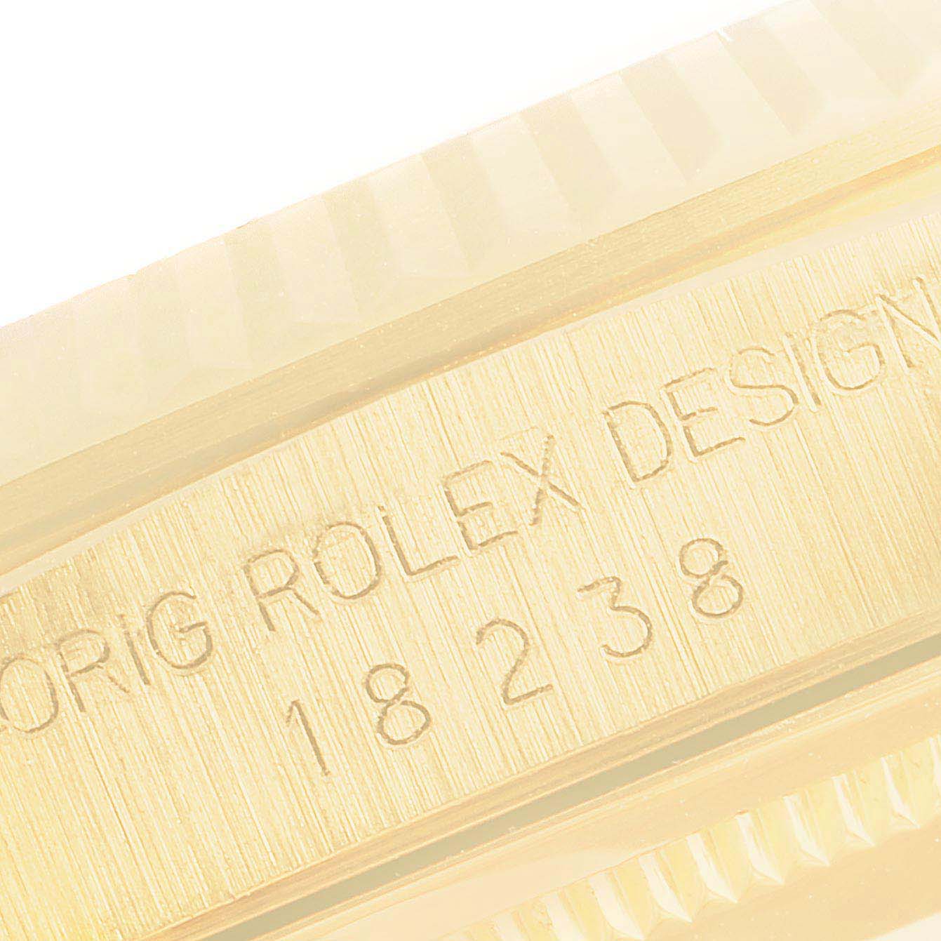 This image shows an engraved side view of the Rolex President 18238 Men
s Yellow Gold Champagne Dial 18238 Men
s Yellow Gold Champagne Dial Model 18238, highlighting its design and serial number.