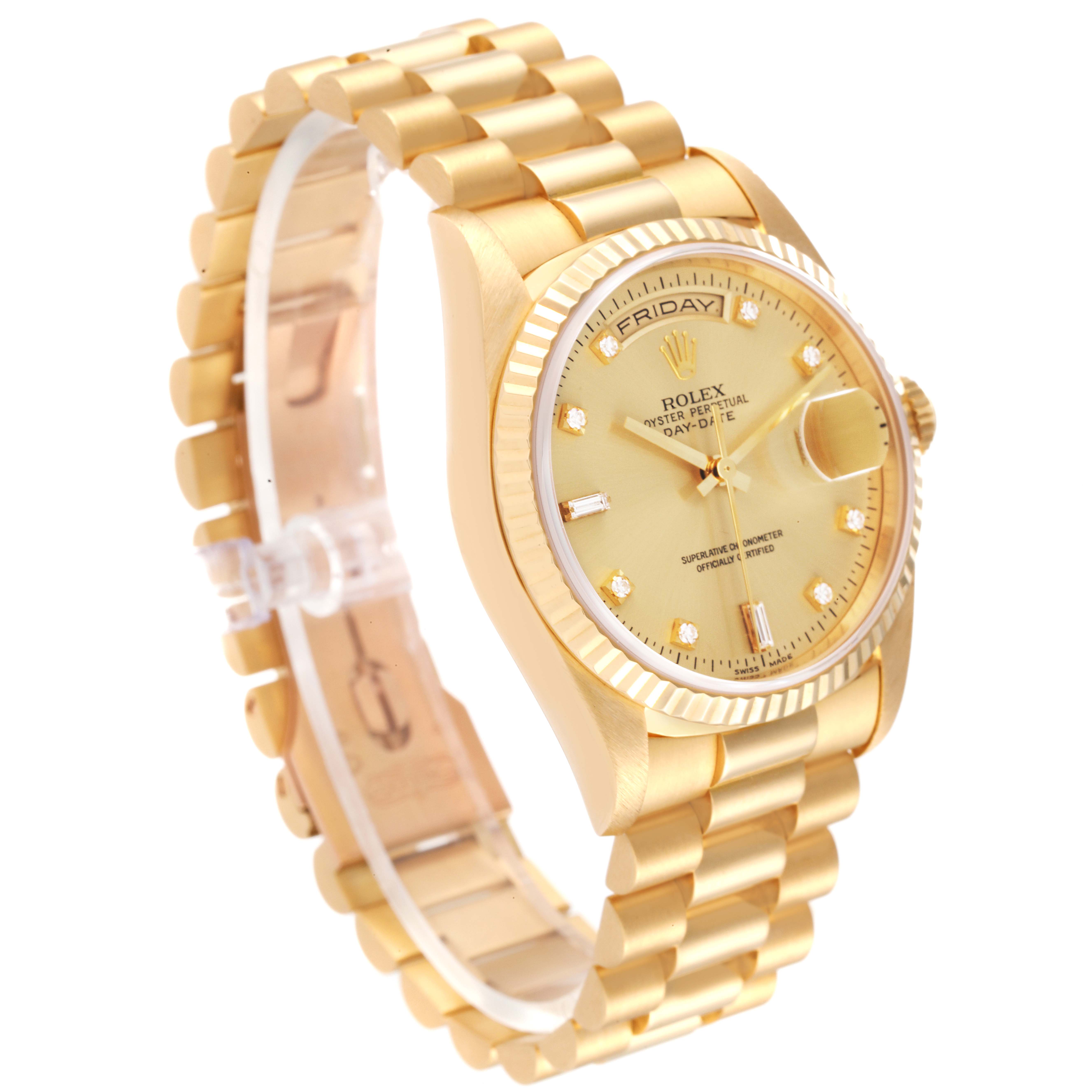 The image shows a Rolex President 18238 Men
s Yellow Gold Champagne Dial 18238 Men
s Yellow Gold Champagne Dial model watch angled to display the gold bracelet, fluted bezel, and diamond-accented dial.