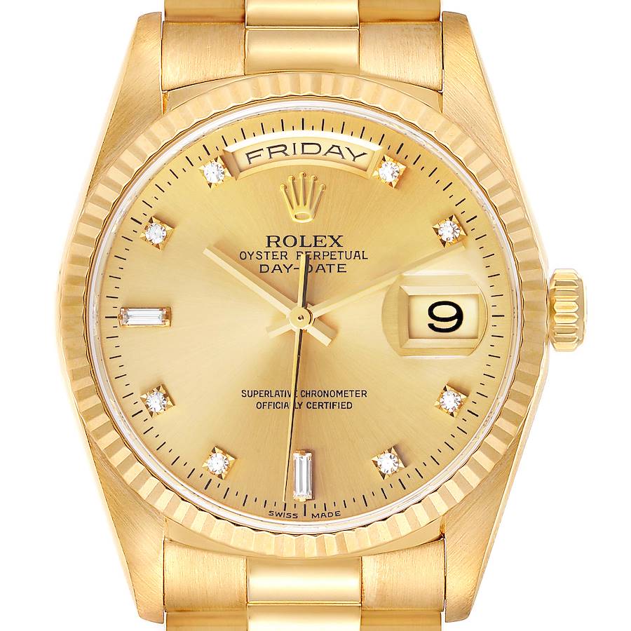 Rolex President Day-Date 36mm Yellow Gold Diamond Mens Watch 18238 Papers SwissWatchExpo