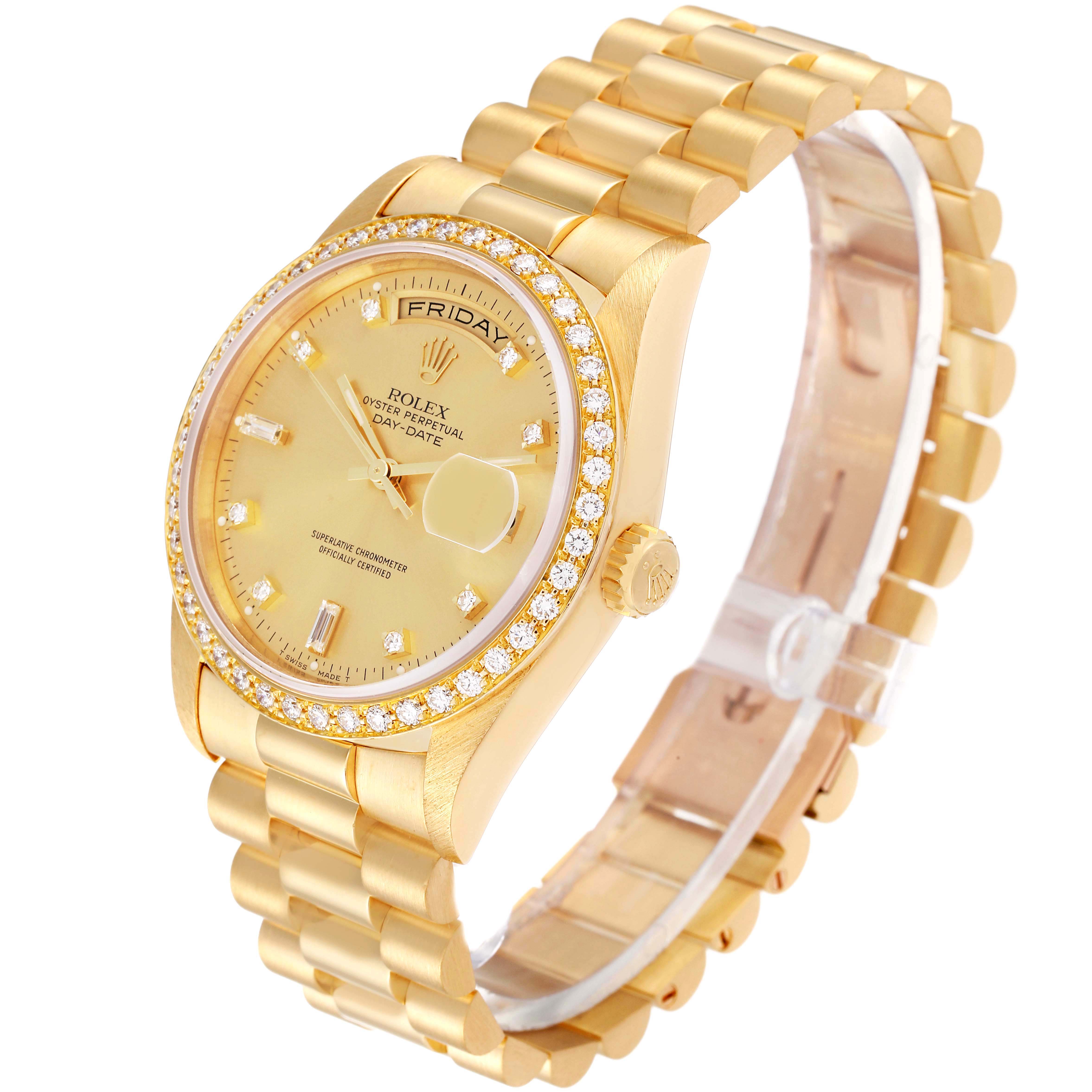 The image shows a Rolex President 18348 Men's Yellow Gold Champagne Dial 18348 Men's Yellow Gold Champagne Dial model watch angled slightly from the top, showcasing the dial, bezel, and bracelet.