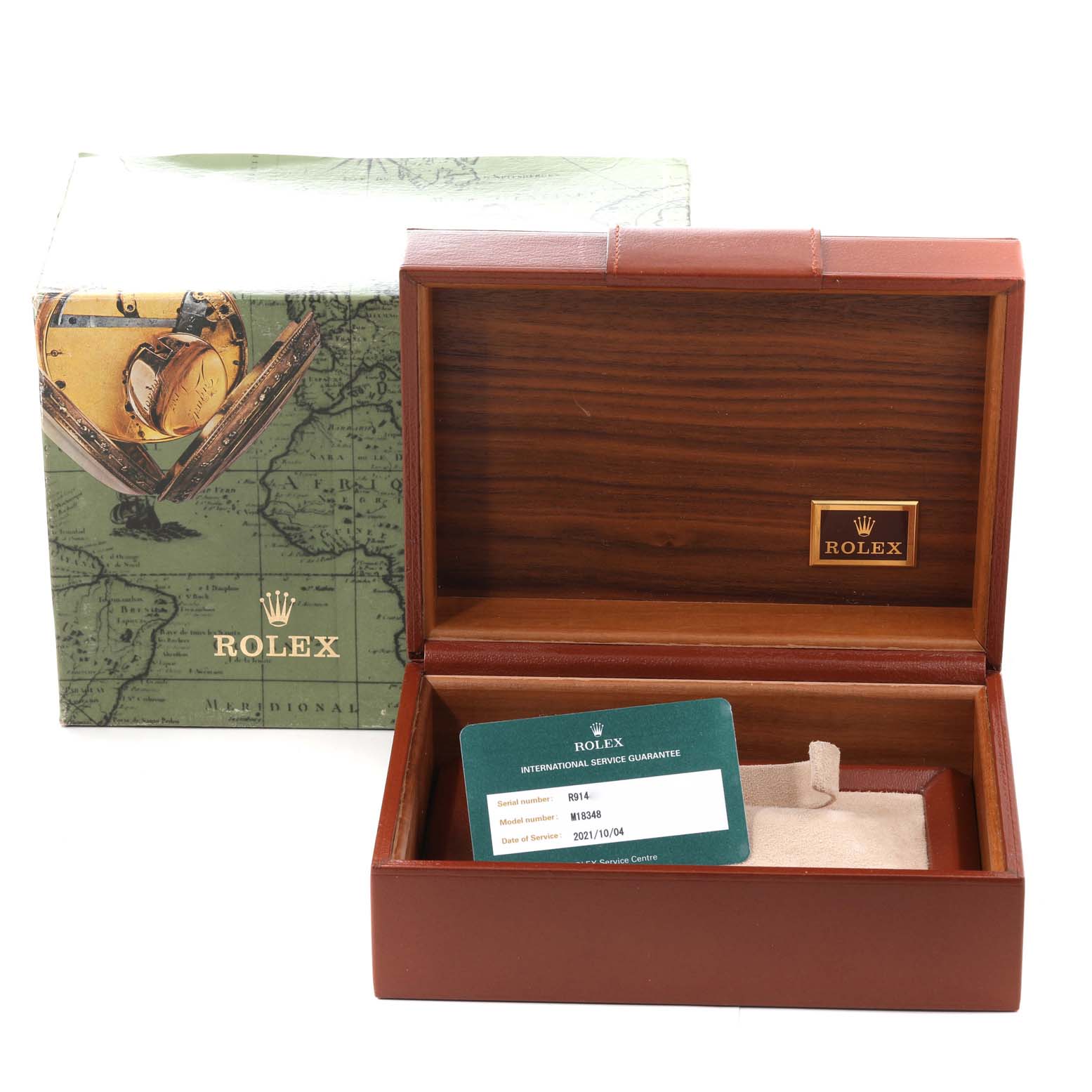 The image shows the open box and international service guarantee card for a Rolex President 18348 Men's Yellow Gold Champagne Dial 18348 Men's Yellow Gold Champagne Dial model watch.