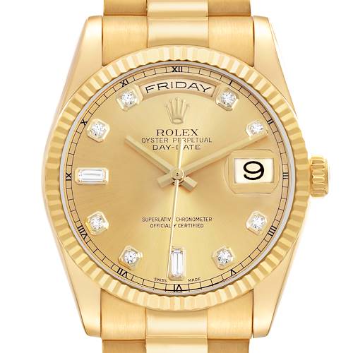 The Rolex President 118238 Men's Yellow Gold Champagne Dial model is shown from a front angle, highlighting its gold dial, diamond hour markers, bezel, and crown.