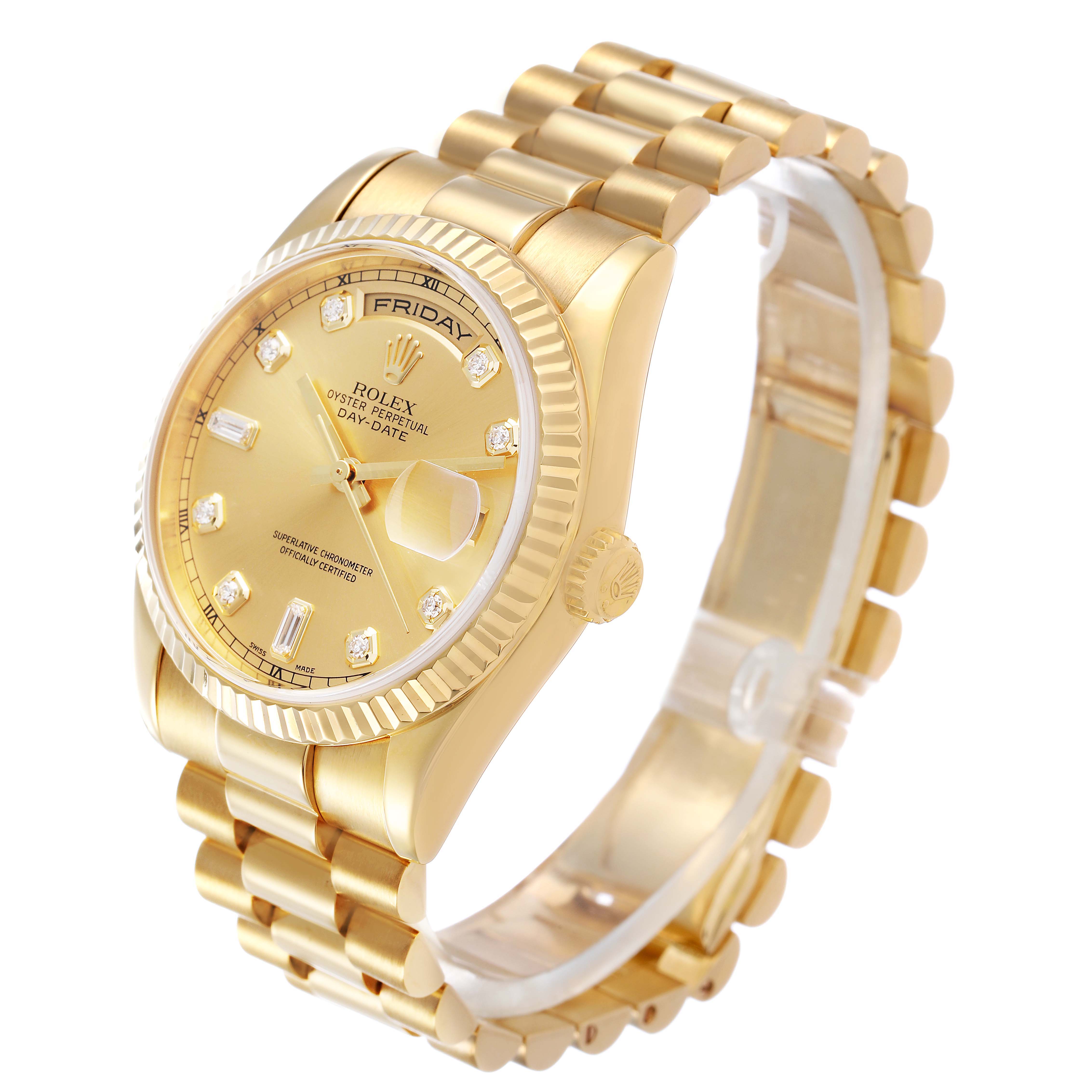The Rolex President 118238 Men's Yellow Gold Champagne Dial model watch is shown at a three-quarter angle, highlighting the dial, bezel, and bracelet.