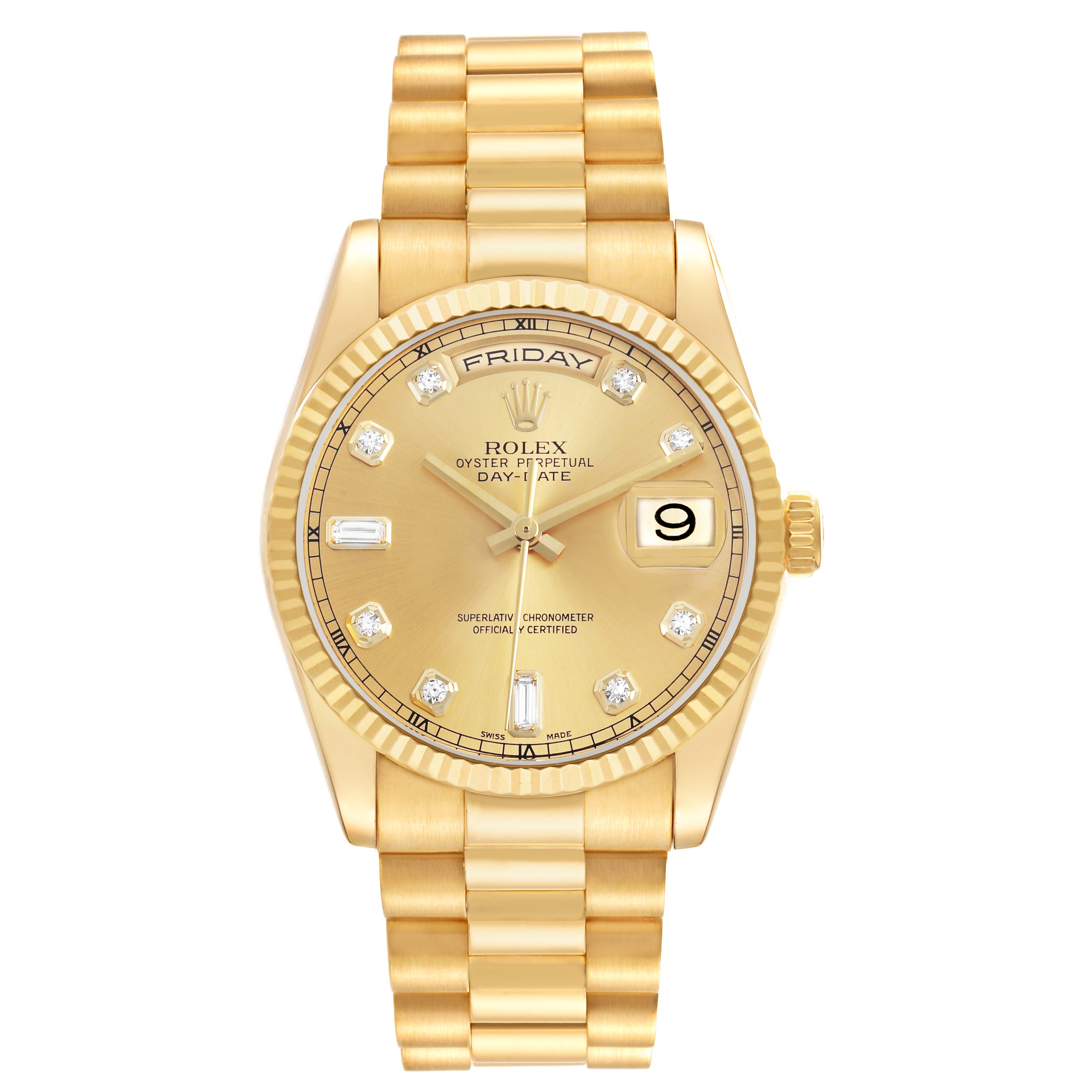 The Rolex President 118238 Men's Yellow Gold Champagne Dial model watch is shown from the front, highlighting the dial, bracelet, and fluted bezel.