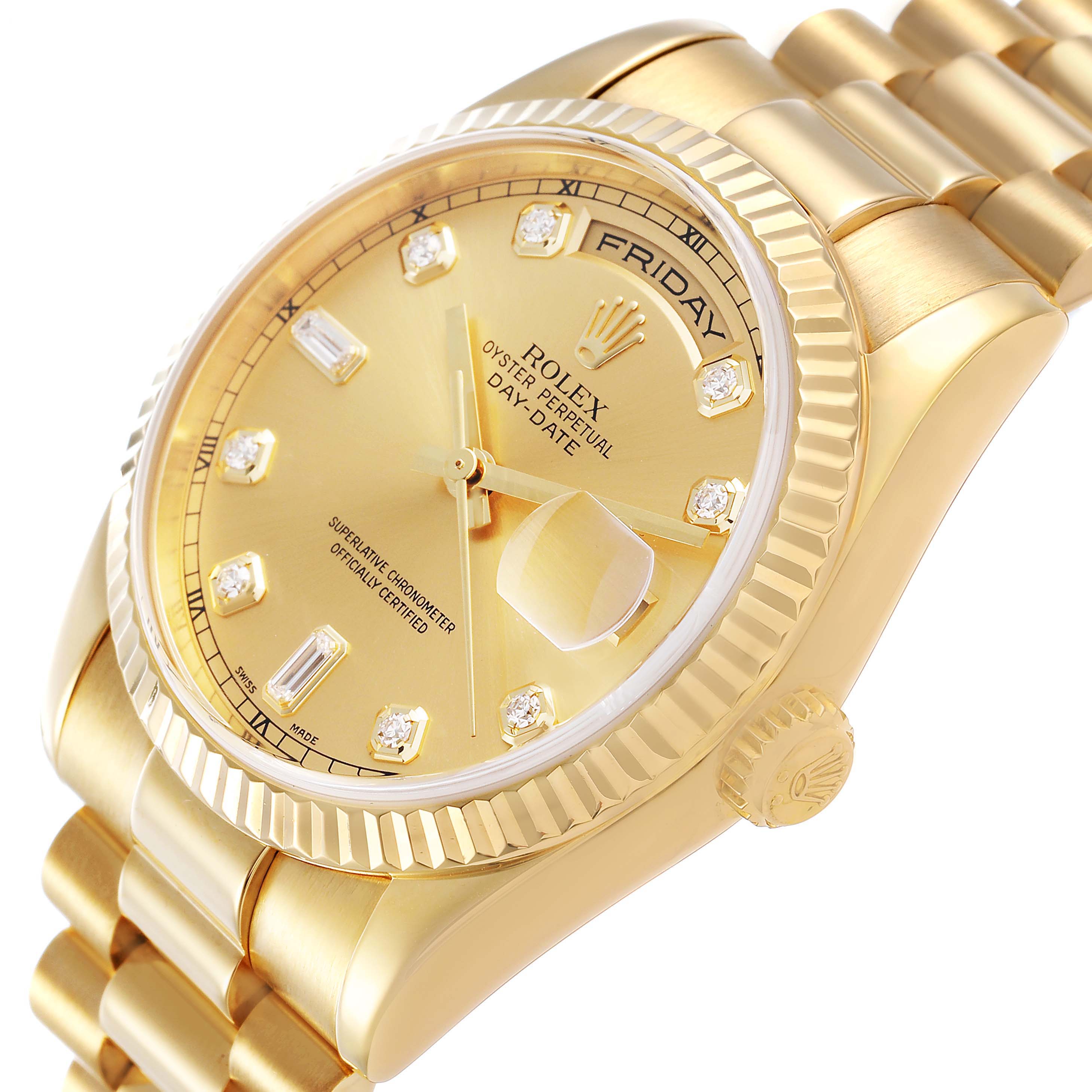 The Rolex President 118238 Men's Yellow Gold Champagne Dial model is shown at an angle highlighting the dial, bezel, bracelet, and crown.