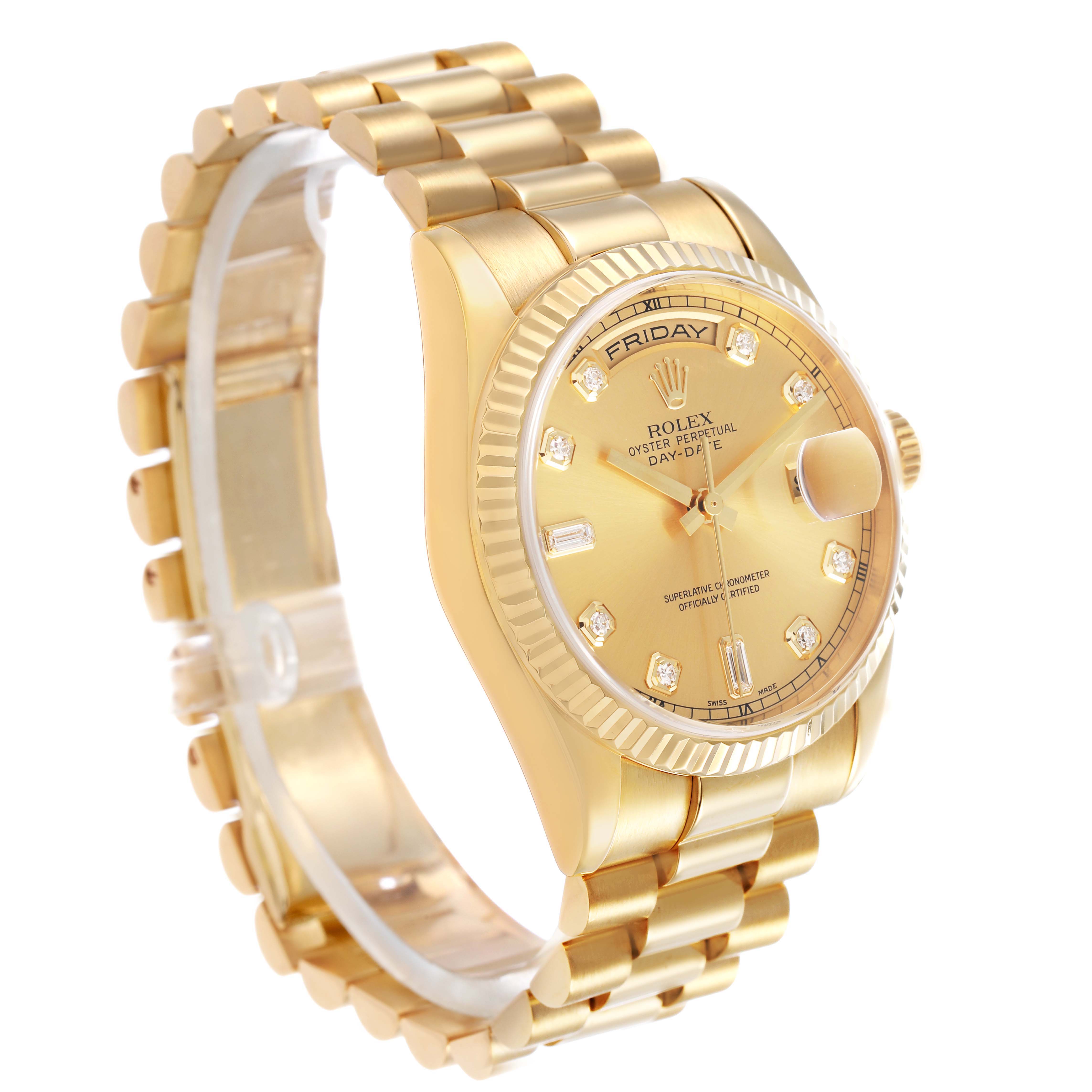 The Rolex President 118238 Men's Yellow Gold Champagne Dial model watch is shown at a slight angle, highlighting the face, band, and crown.