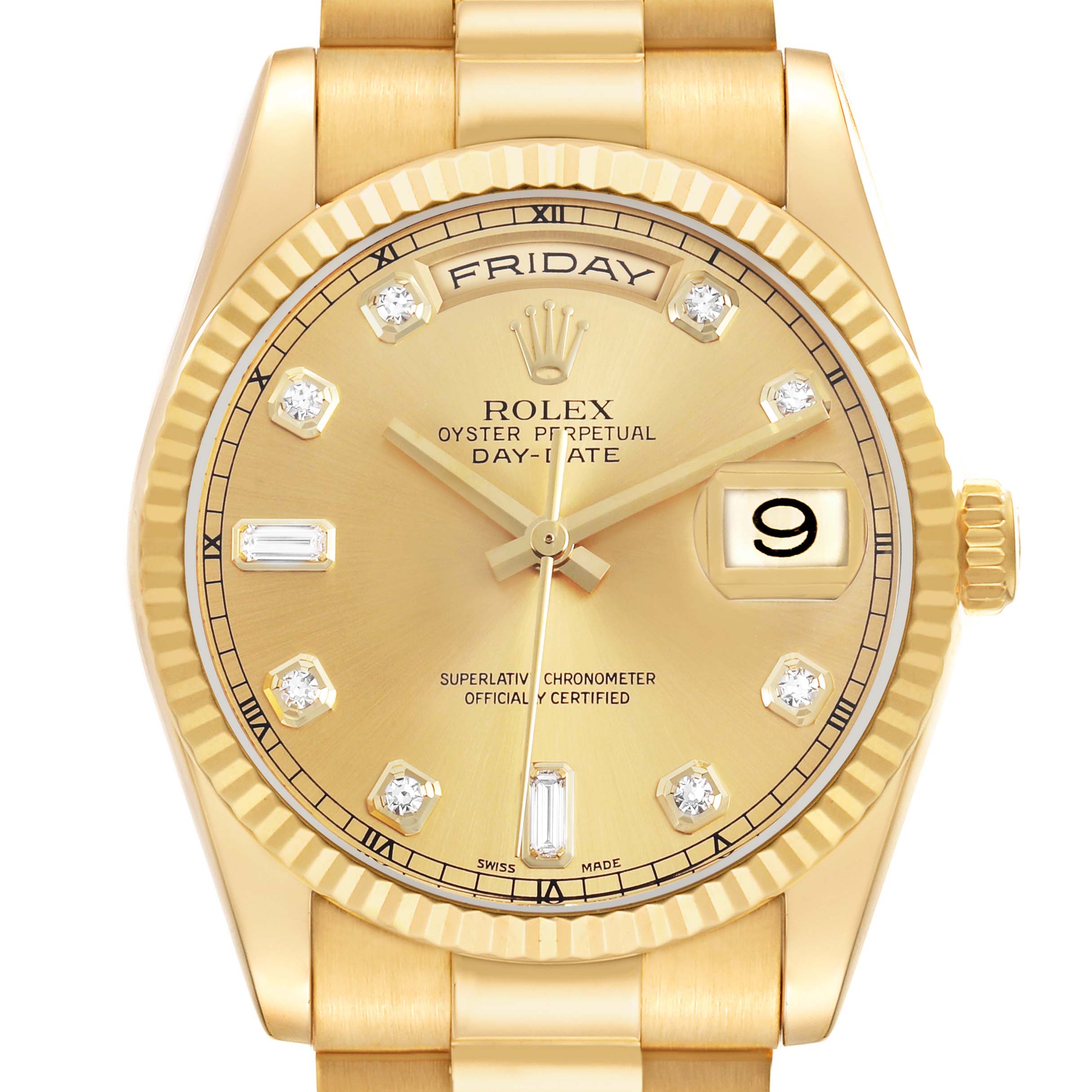 The Rolex President 118238 Men's Yellow Gold Champagne Dial model watch is shown from a front angle, highlighting its gold case, fluted bezel, and diamond hour markers.