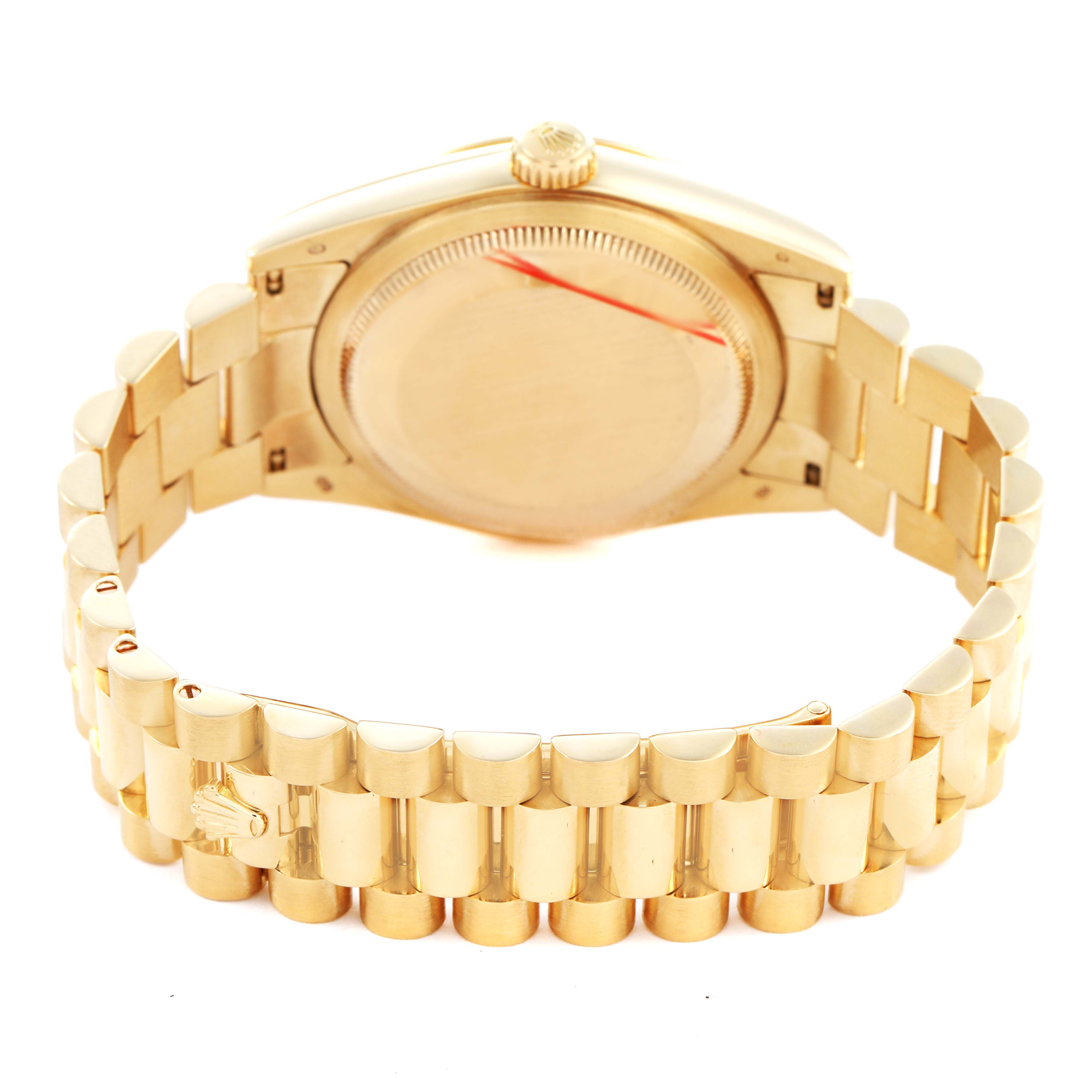 The image shows the back and bracelet of a Rolex President 118238 Men's Yellow Gold Champagne Dial model watch from a rear angle.