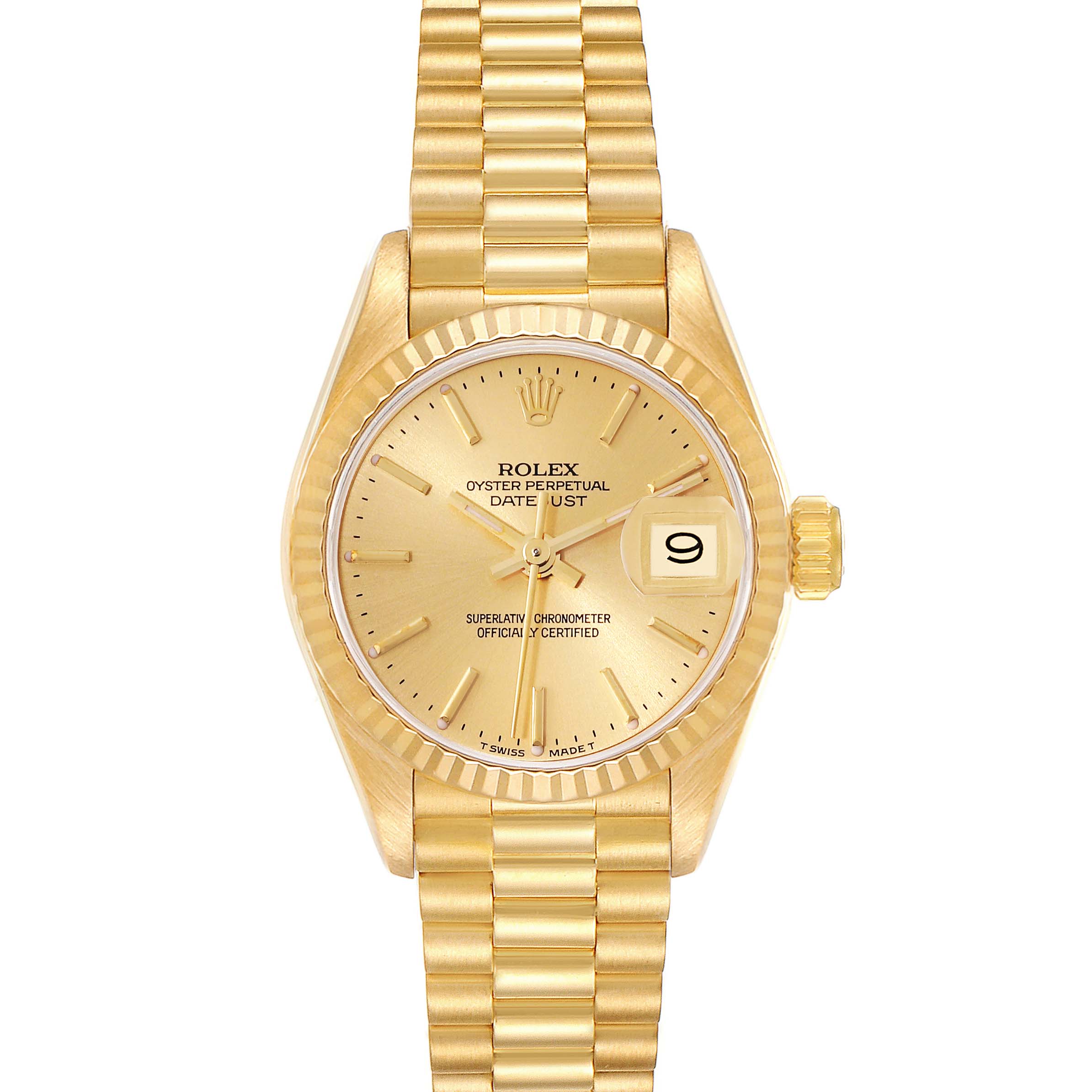The image shows a front view of a Rolex President 69178 Women
s Yellow Gold Champagne Dial 69178 Women
s Yellow Gold Champagne Dial Oyster Perpetual Datejust watch, displaying the dial, bezel, and bracelet.