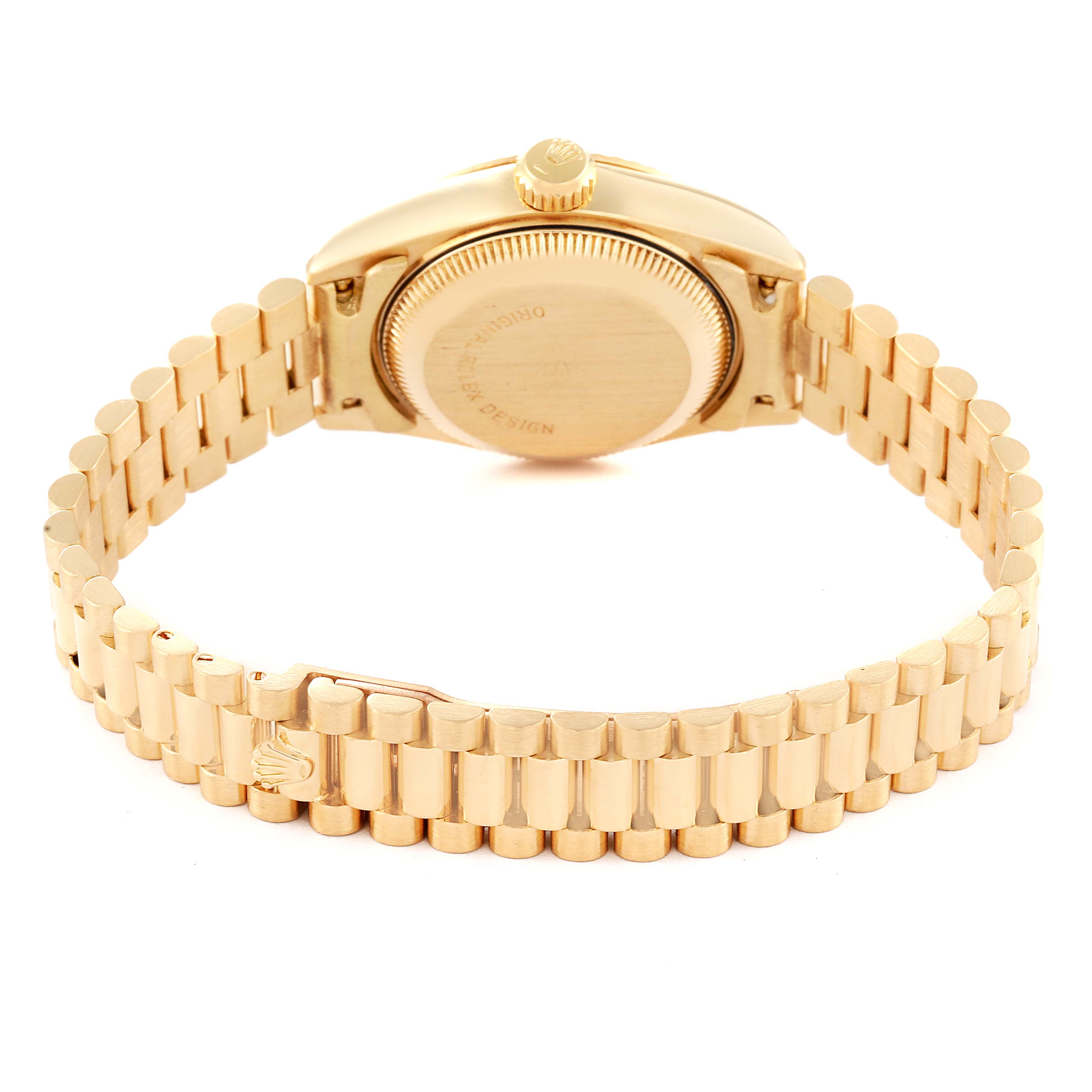 The image shows the back and bracelet of a Rolex President 69178 Women
s Yellow Gold Champagne Dial 69178 Women
s Yellow Gold Champagne Dial model watch, viewed from an angle showcasing the clasp and case back.