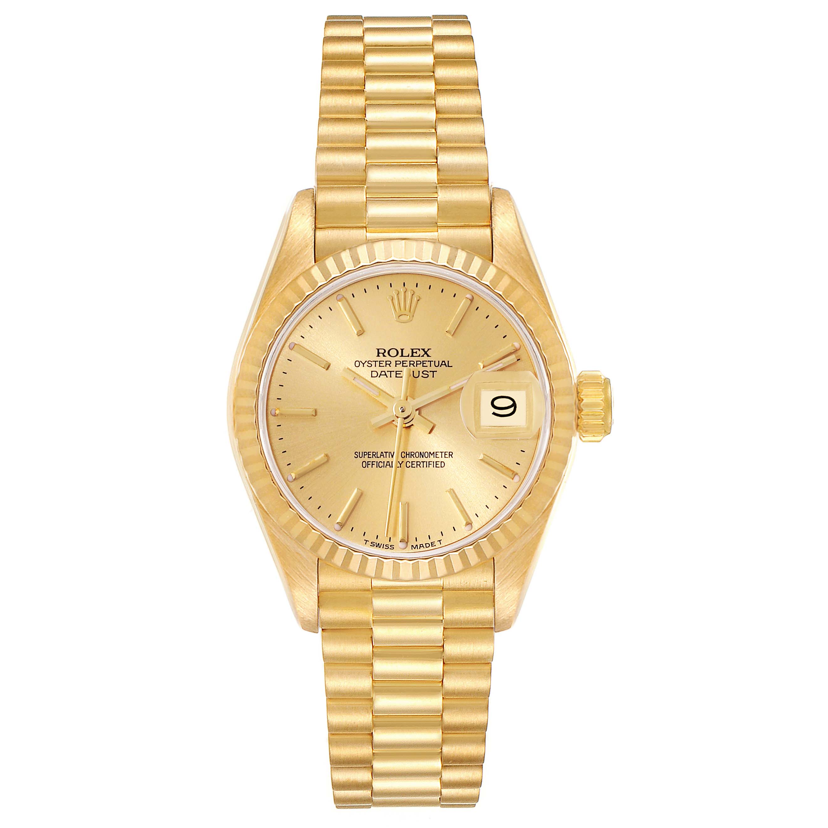 This image shows a frontal view of a gold Rolex President 69178 Women
s Yellow Gold Champagne Dial 69178 Women
s Yellow Gold Champagne Dial model watch, displaying the dial, bracelet, crown, and date window.