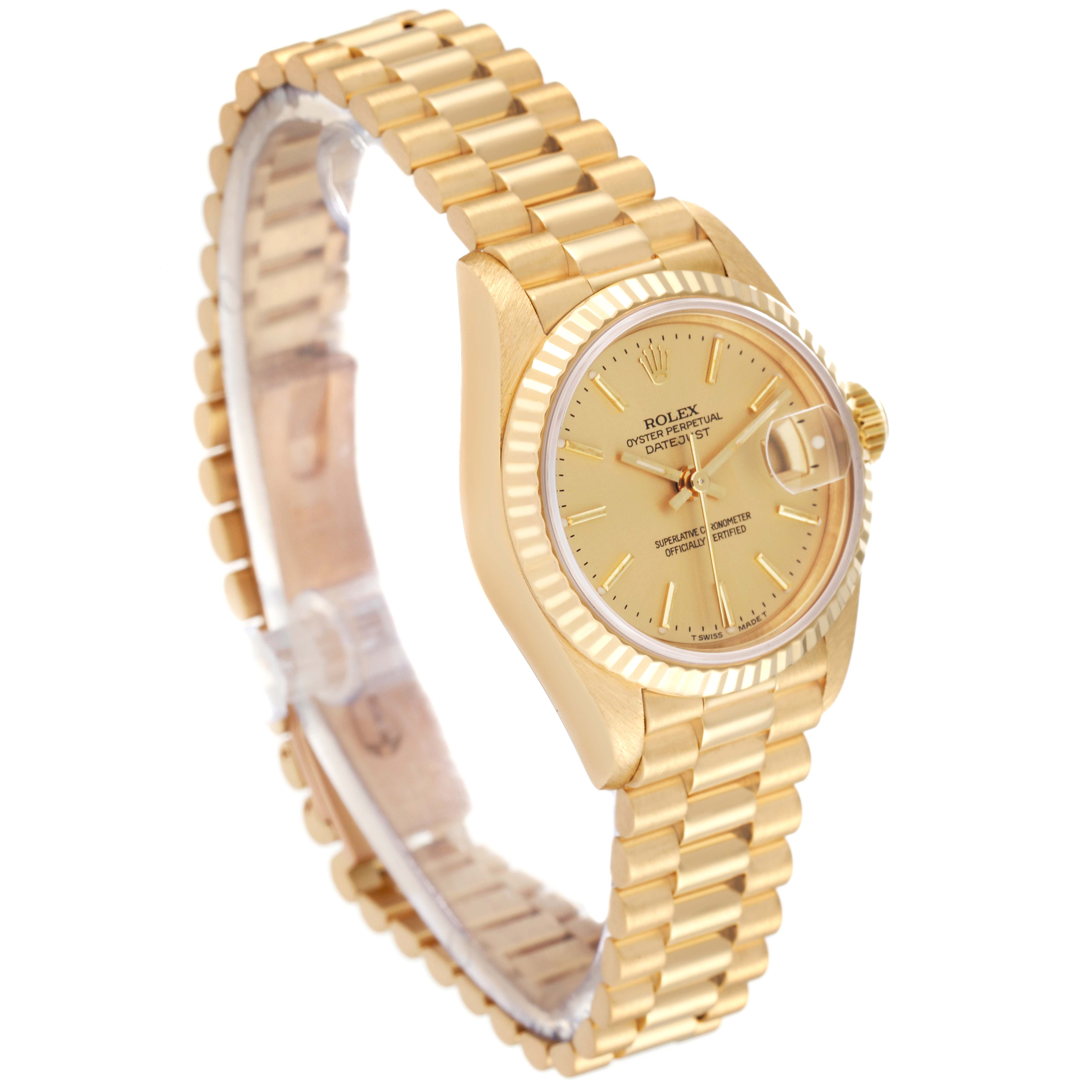 The image shows a side angle view of a gold Rolex President 69178 Women
s Yellow Gold Champagne Dial 69178 Women
s Yellow Gold Champagne Dial model watch, highlighting the dial, bezel, and bracelet.