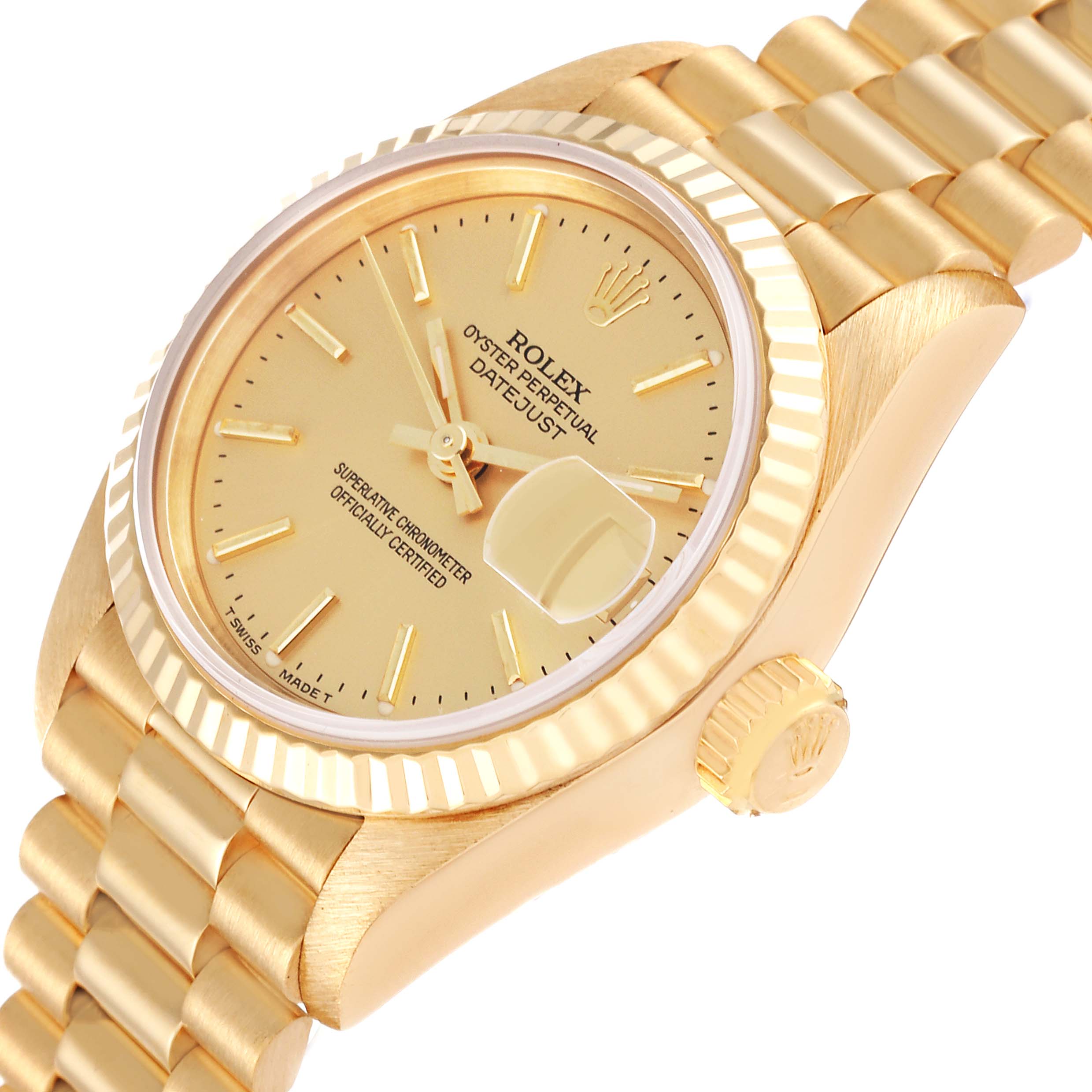 The Rolex President 69178 Women
s Yellow Gold Champagne Dial 69178 Women
s Yellow Gold Champagne Dial model watch is shown at an angled view, highlighting its gold case, bezel, dial, and bracelet.