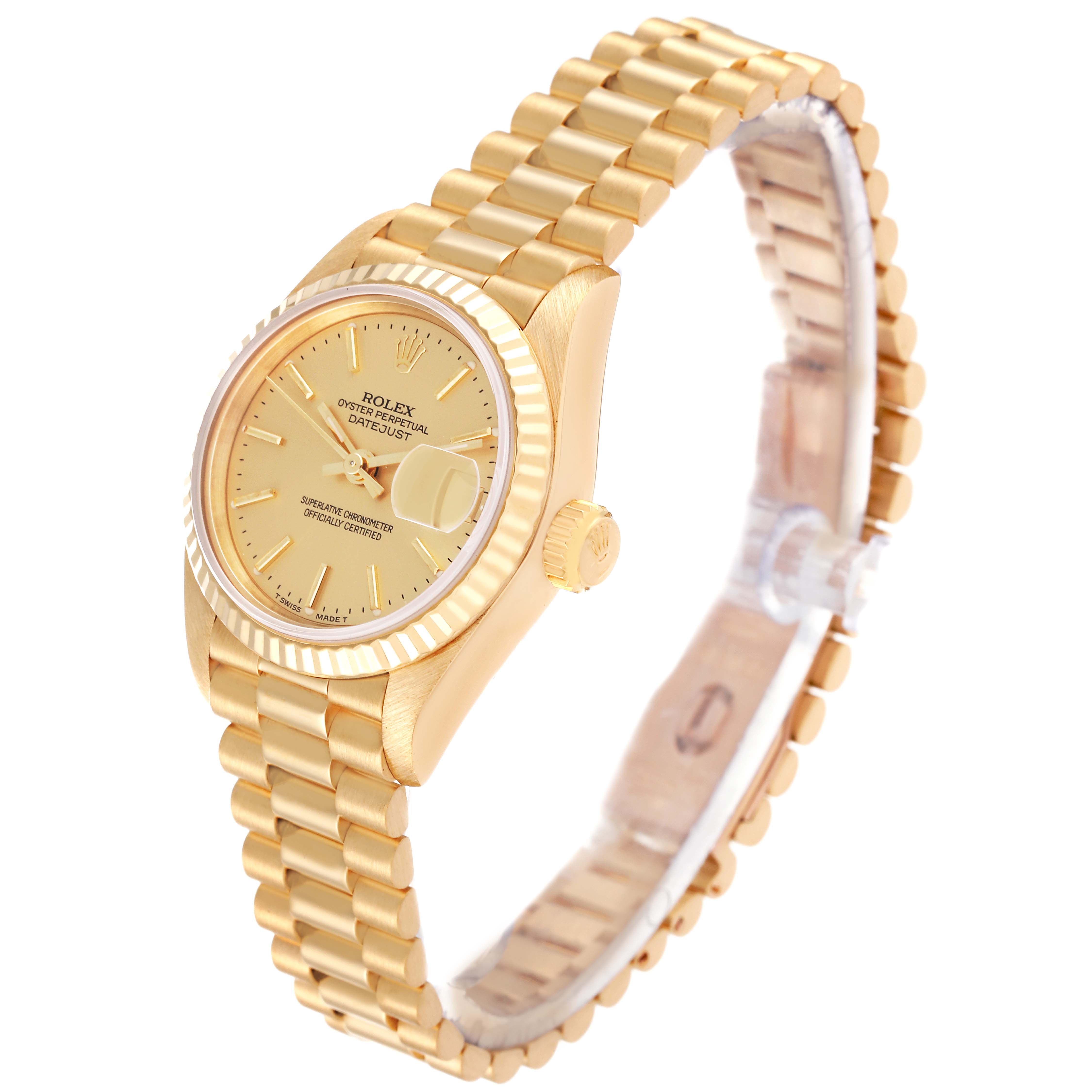 The image shows a gold Rolex President 69178 Women
s Yellow Gold Champagne Dial 69178 Women
s Yellow Gold Champagne Dial model watch at a 3/4 angle, highlighting the bracelet, dial, and crown.
