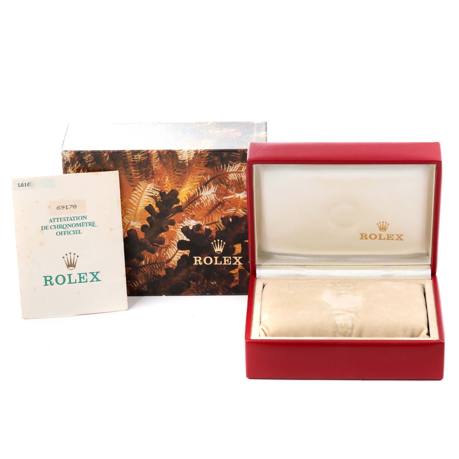 This image shows the box, certificate, and packaging for a Rolex President 69178 Women
s Yellow Gold Champagne Dial 69178 Women
s Yellow Gold Champagne Dial model watch.