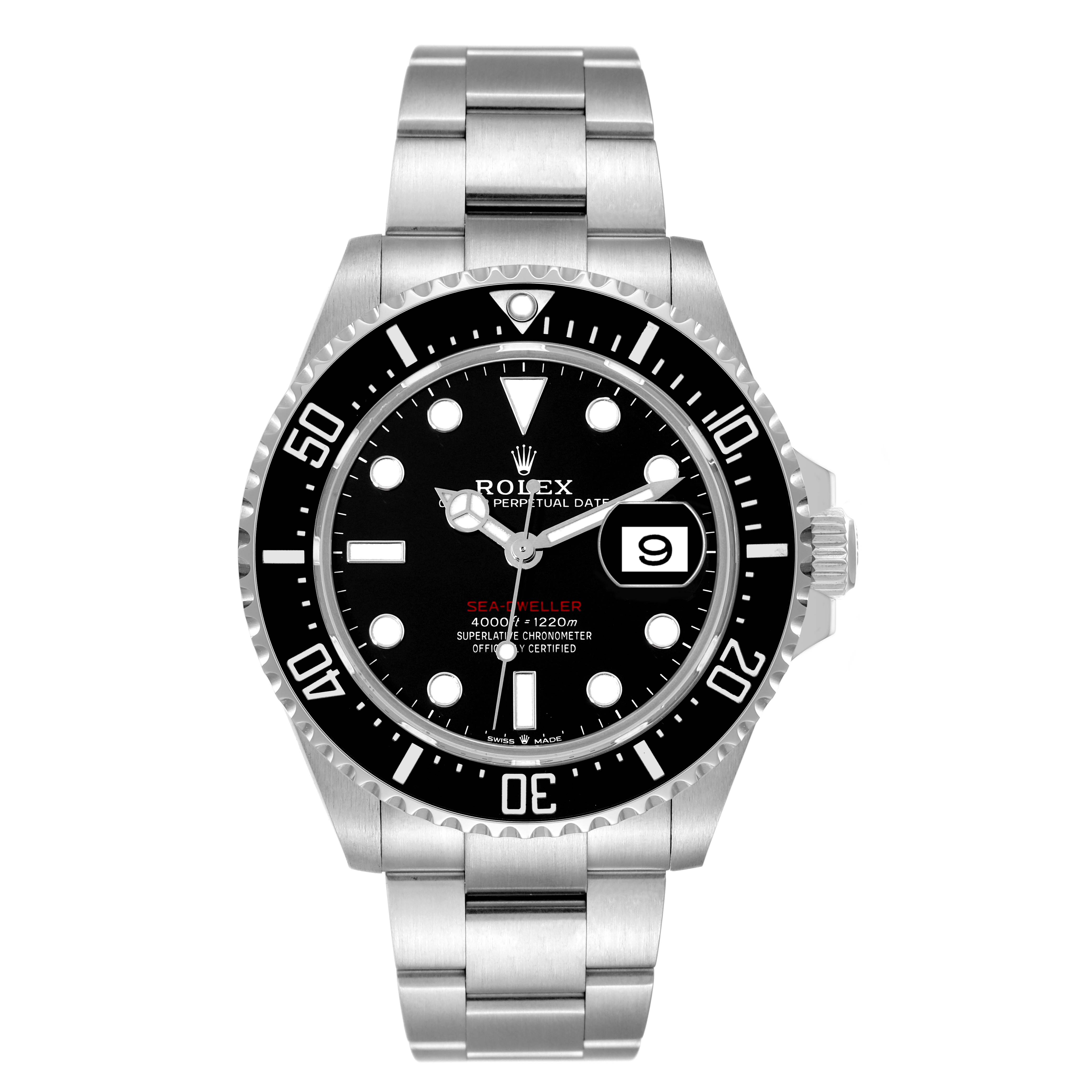 The image shows a front view of the Rolex Sea-Dweller 126600 Men's Stainless Steel Black Dial 126600 Men's Stainless Steel Black Dial watch, highlighting its dial, bezel, and bracelet.