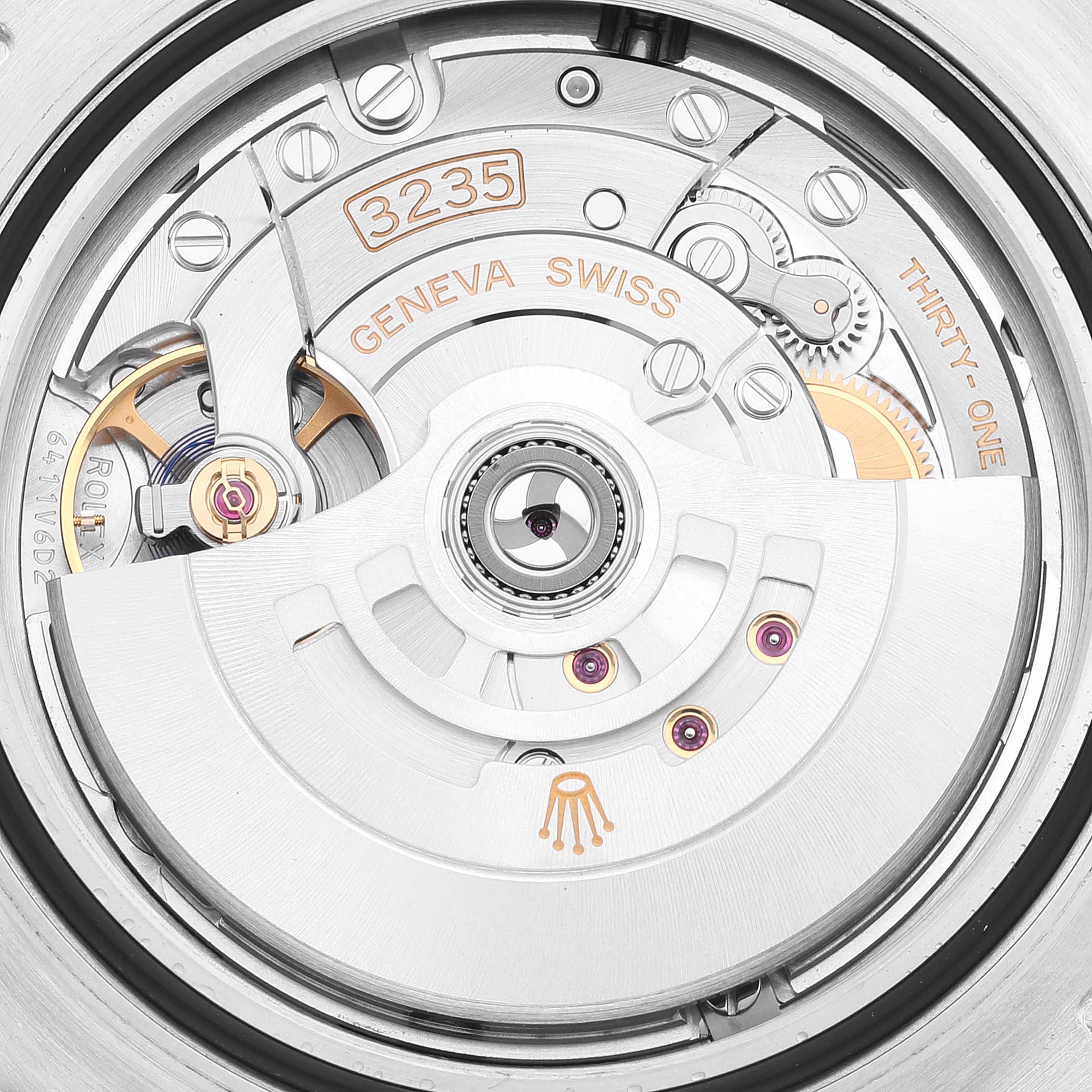 The image shows a close-up of the Rolex Sea-Dweller 126600 Men's Stainless Steel Black Dial 126600 Men's Stainless Steel Black Dial's intricate 3235 movement mechanism.