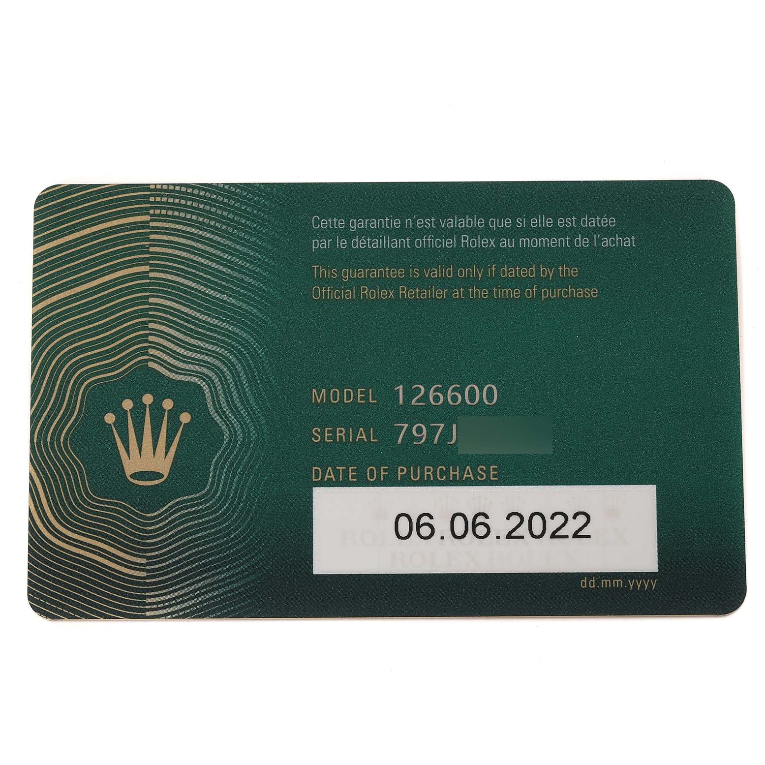 The image shows a green warranty card for a Rolex Sea-Dweller 126600 Men's Stainless Steel Black Dial 126600 Men's Stainless Steel Black Dial model watch, including model number, serial number, and purchase date.