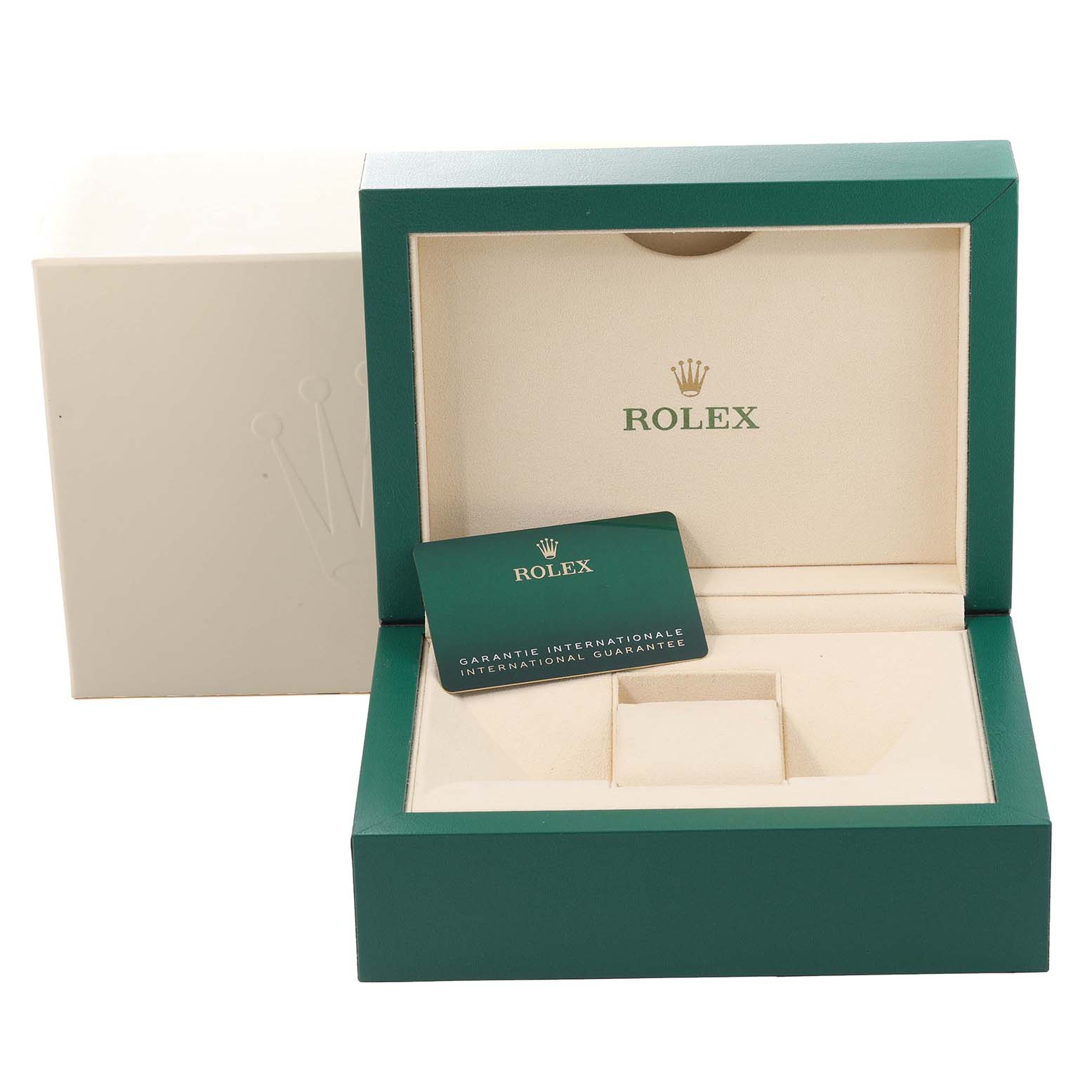 The image shows the opened box and the international guarantee card for the Rolex Sea-Dweller 126600 Men's Stainless Steel Black Dial 126600 Men's Stainless Steel Black Dial.