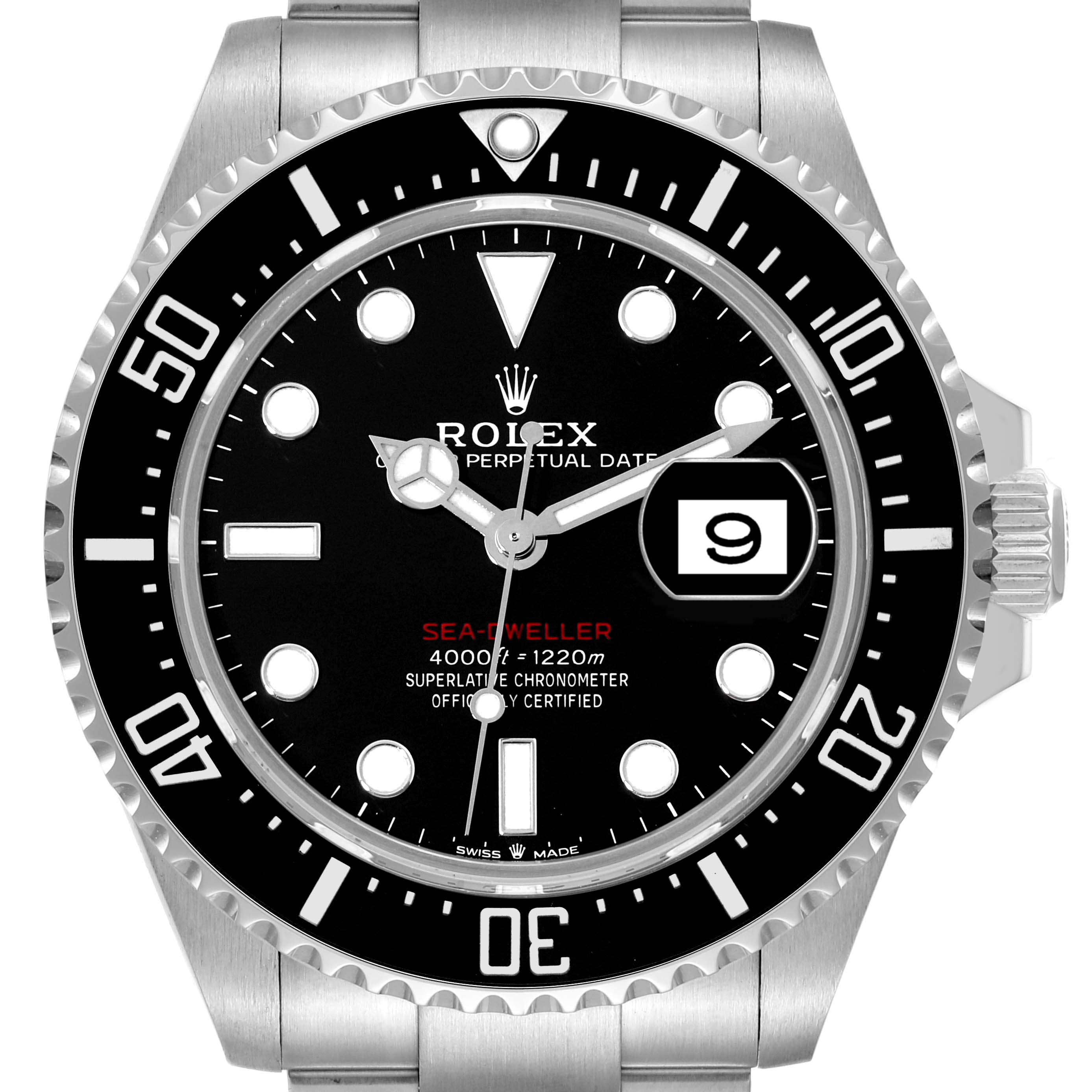 The Rolex Sea-Dweller 126600 Men's Stainless Steel Black Dial 126600 Men's Stainless Steel Black Dial watch is shown from a front angle, displaying the bezel, dial, and bracelet.
