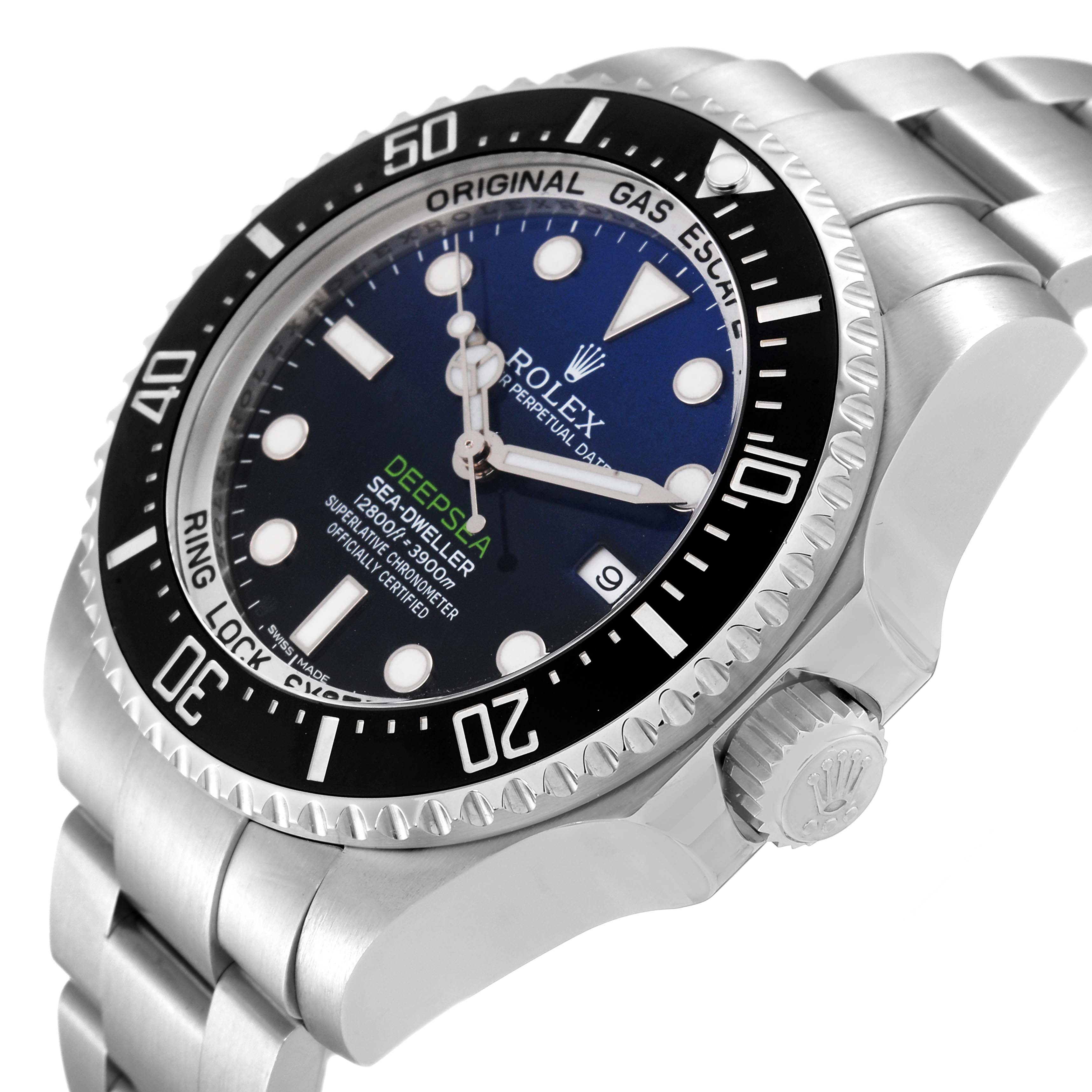This image shows a side angle of a Rolex Sea-Dweller 116660 Men's Stainless Steel Blue Dial 116660 Men's Stainless Steel Blue Dial watch, highlighting its bezel, crown, and dial.