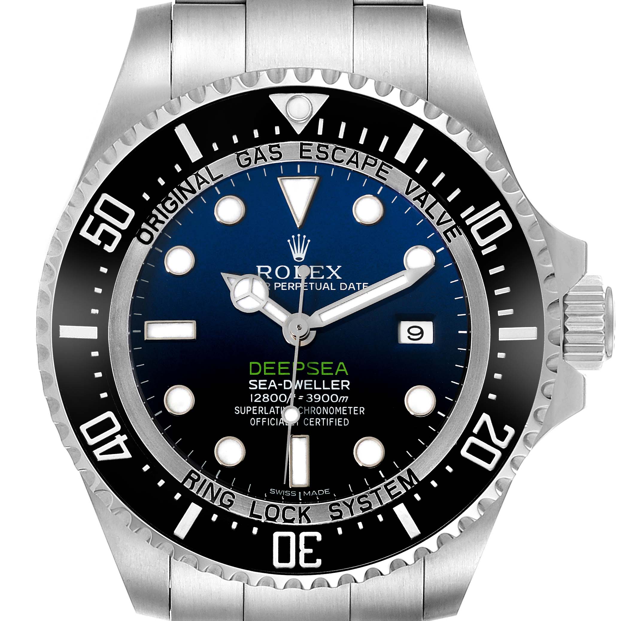 The image shows a front view of the Rolex Sea-Dweller 116660 Men's Stainless Steel Blue Dial 116660 Men's Stainless Steel Blue Dial Deepsea watch, highlighting the dial, bezel, and crown.