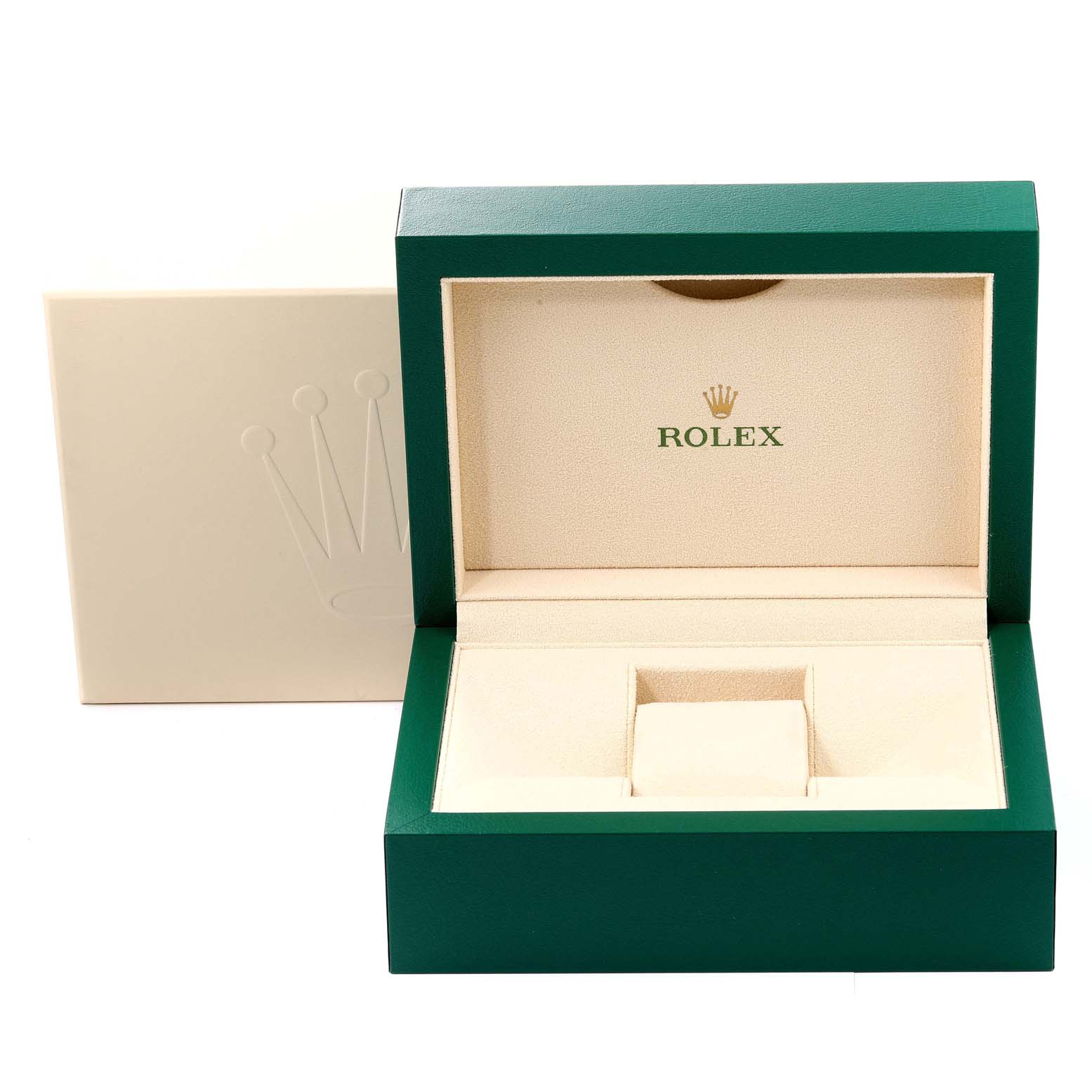 The image shows an open green Rolex Sea-Dweller 116660 Men's Stainless Steel Blue Dial 116660 Men's Stainless Steel Blue Dial watch box and an outer white case, viewed from the front.