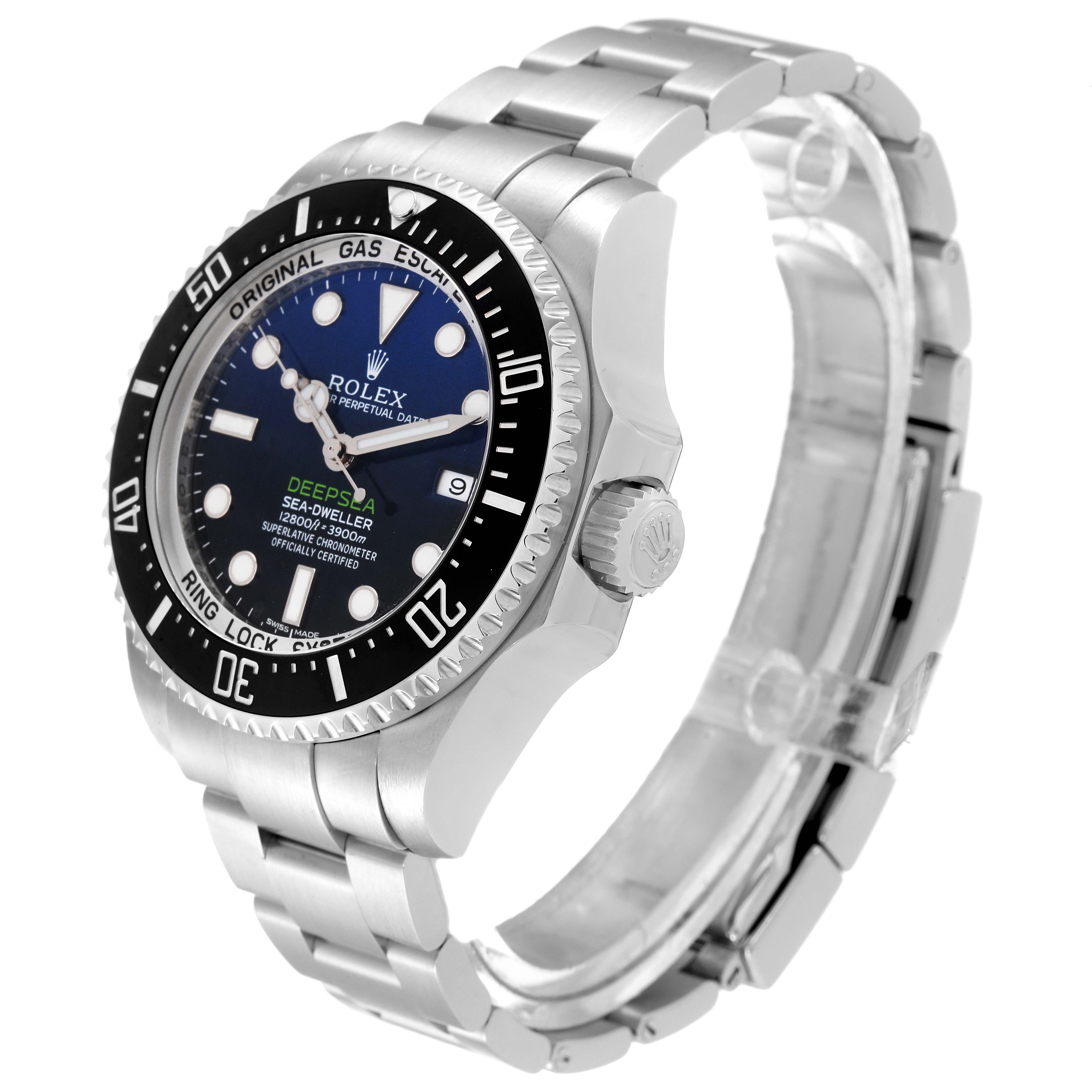 The image shows a Rolex Sea-Dweller 116660 Men's Stainless Steel Blue Dial 116660 Men's Stainless Steel Blue Dial watch at an angle highlighting the dial, bezel, crown, and bracelet.