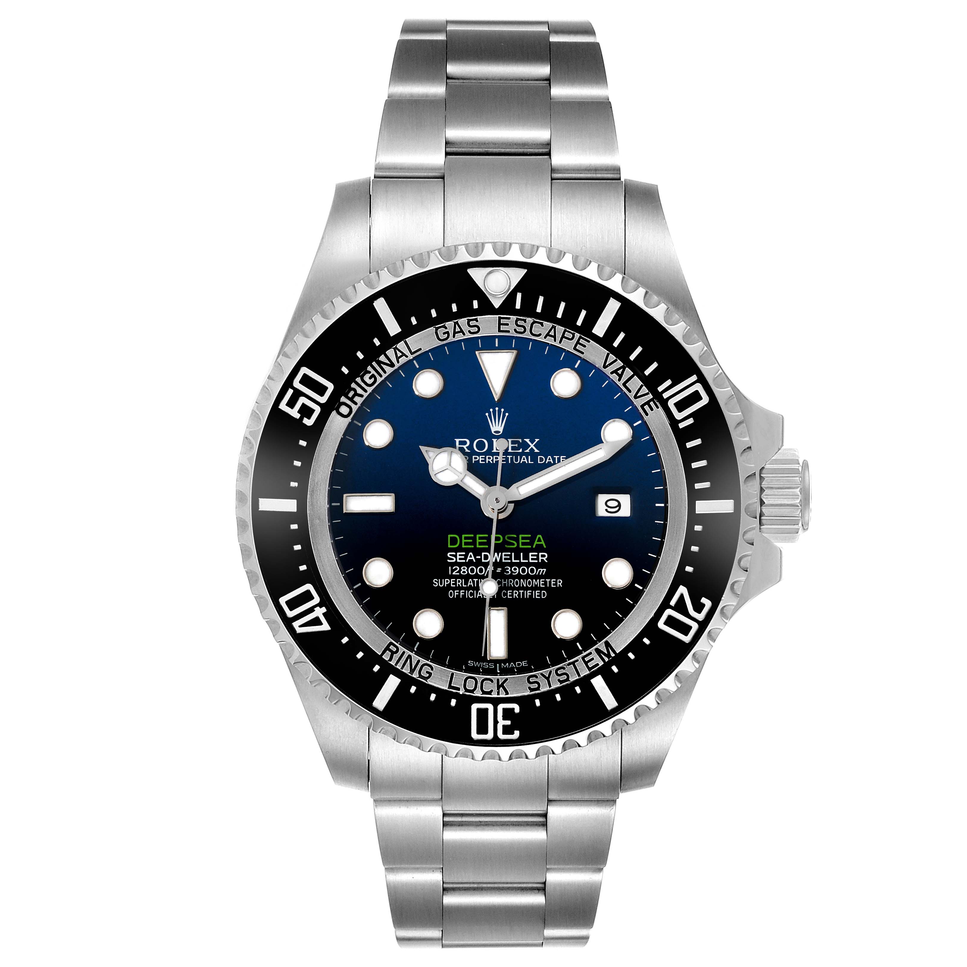 The image shows a front angle of the Rolex Sea-Dweller 116660 Men's Stainless Steel Blue Dial 116660 Men's Stainless Steel Blue Dial watch, highlighting its dial, bezel, and stainless steel bracelet.