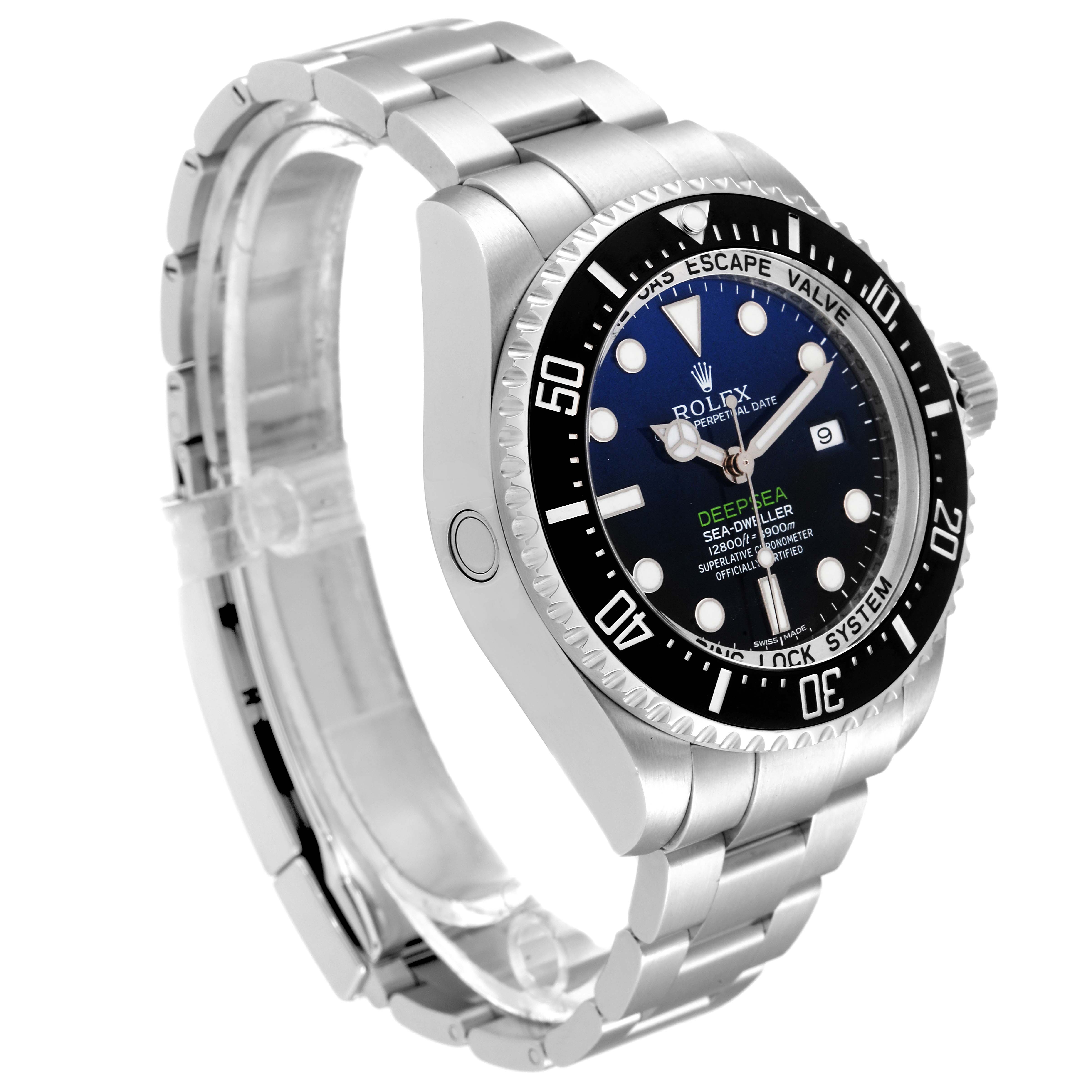 The Rolex Sea-Dweller 116660 Men's Stainless Steel Blue Dial 116660 Men's Stainless Steel Blue Dial watch is shown at a three-quarter angle, displaying the dial, bezel, crown, and bracelet.